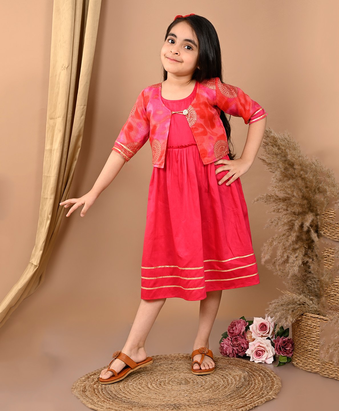 Kinder Kids Cotton Three Fourth Sleeves Lace Embellished Dress With Motif Printed Jacket- Pink-picture-13