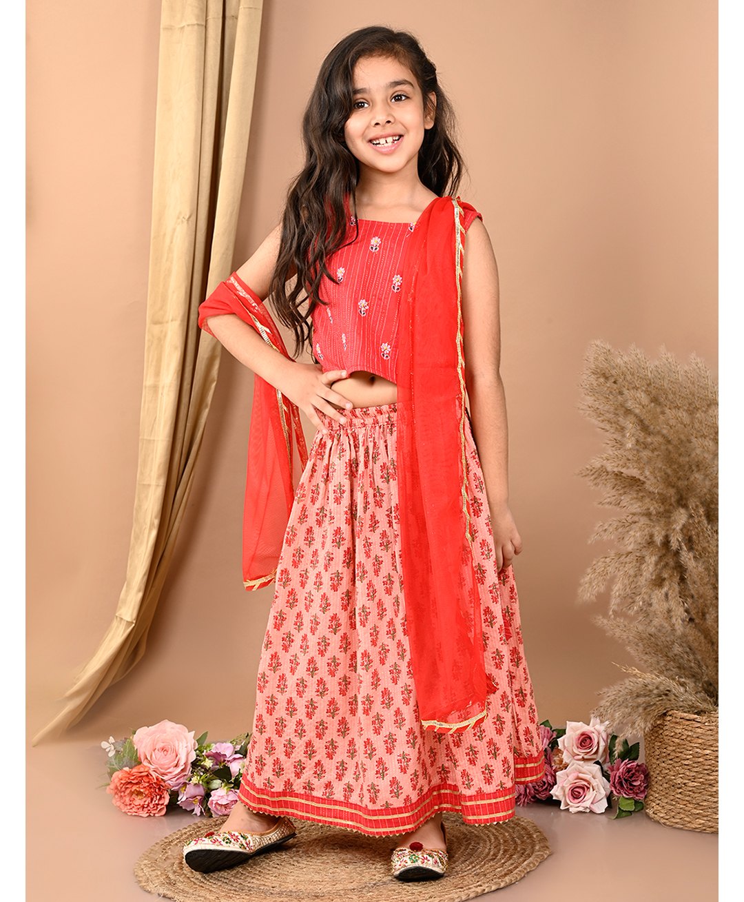 Kinder Kids Sleeveless Floral Printed & Embroidered Lehenga With Choli & Dupatta - Peach & Red-image-31