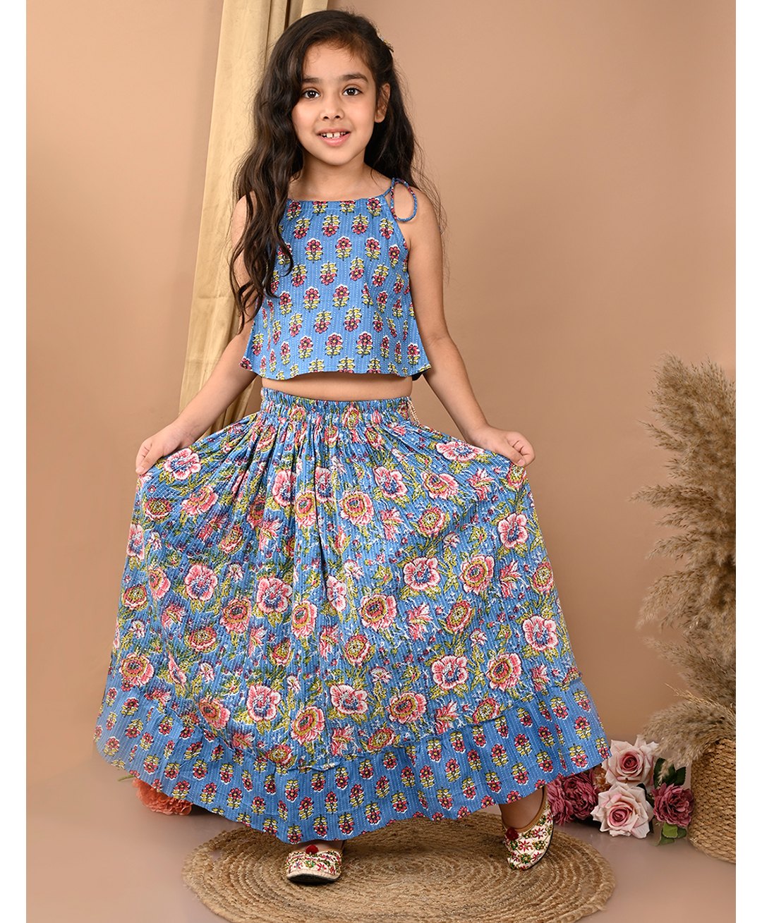 Kinder Kids Sleeveless Floral Printed Lehenga With Choli - Blue-picture-19