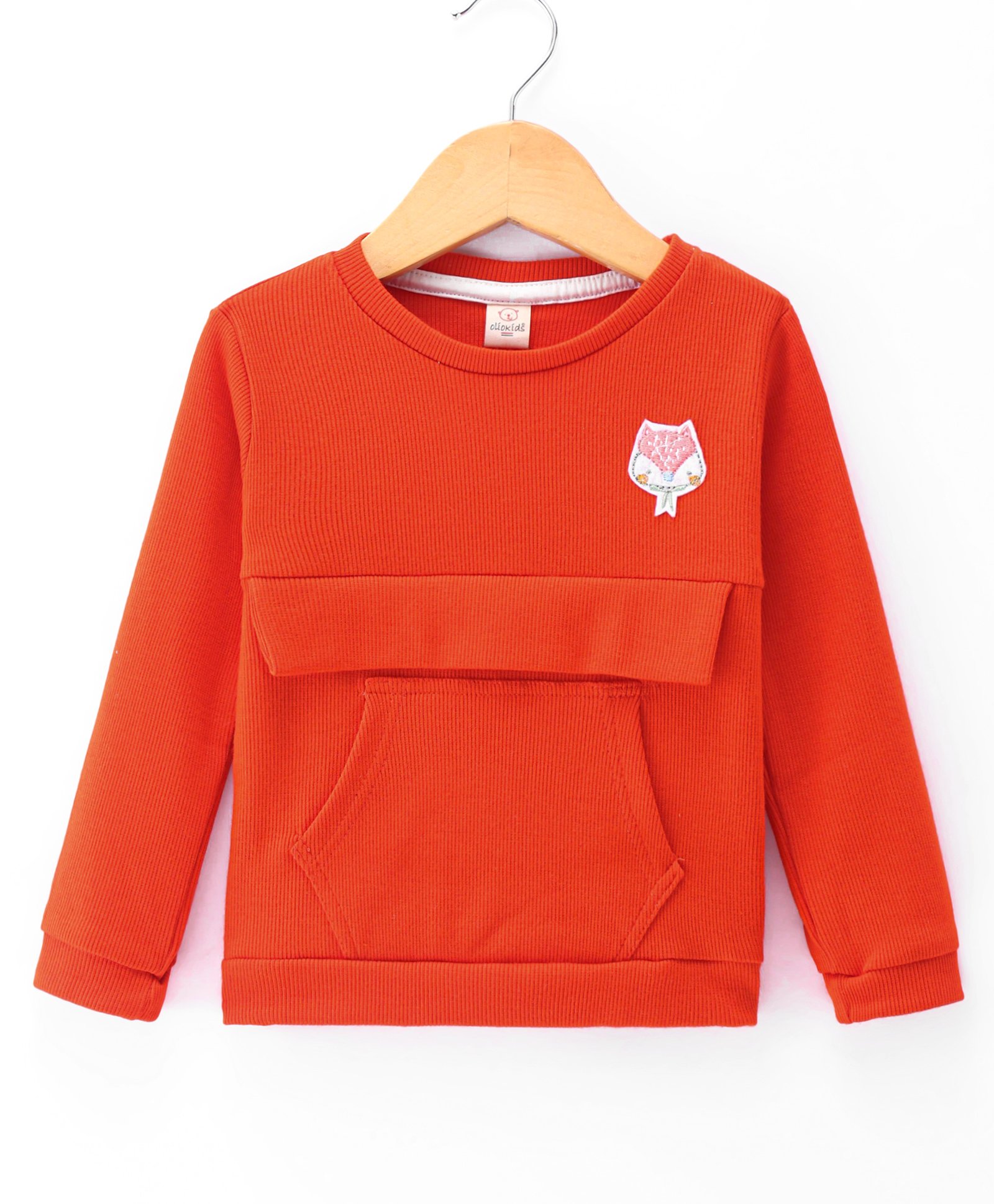 Olio Kids Cotton Knit Full Sleeves Winter Wear T-Shirt With Kangaroo Pocket & Animal Patch - Red-picture-7