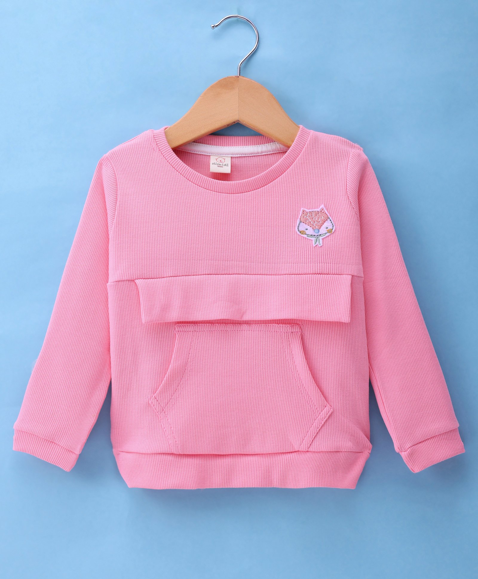 Olio Kids Cotton Knit Full Sleeves Winter Wear T-Shirt With Kangaroo Pocket & Animal Patch - Pink-picture-28