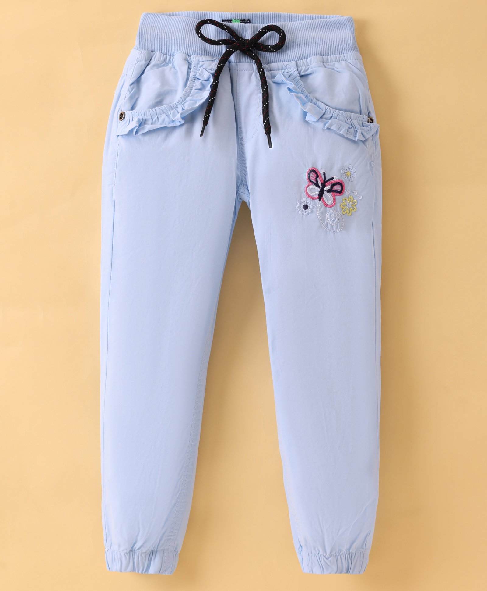 Olio Kids Cotton Knit Full Length Lounge Pant with Frill Detailing & Butterfly Embroidery - Sky Blue-picture-46