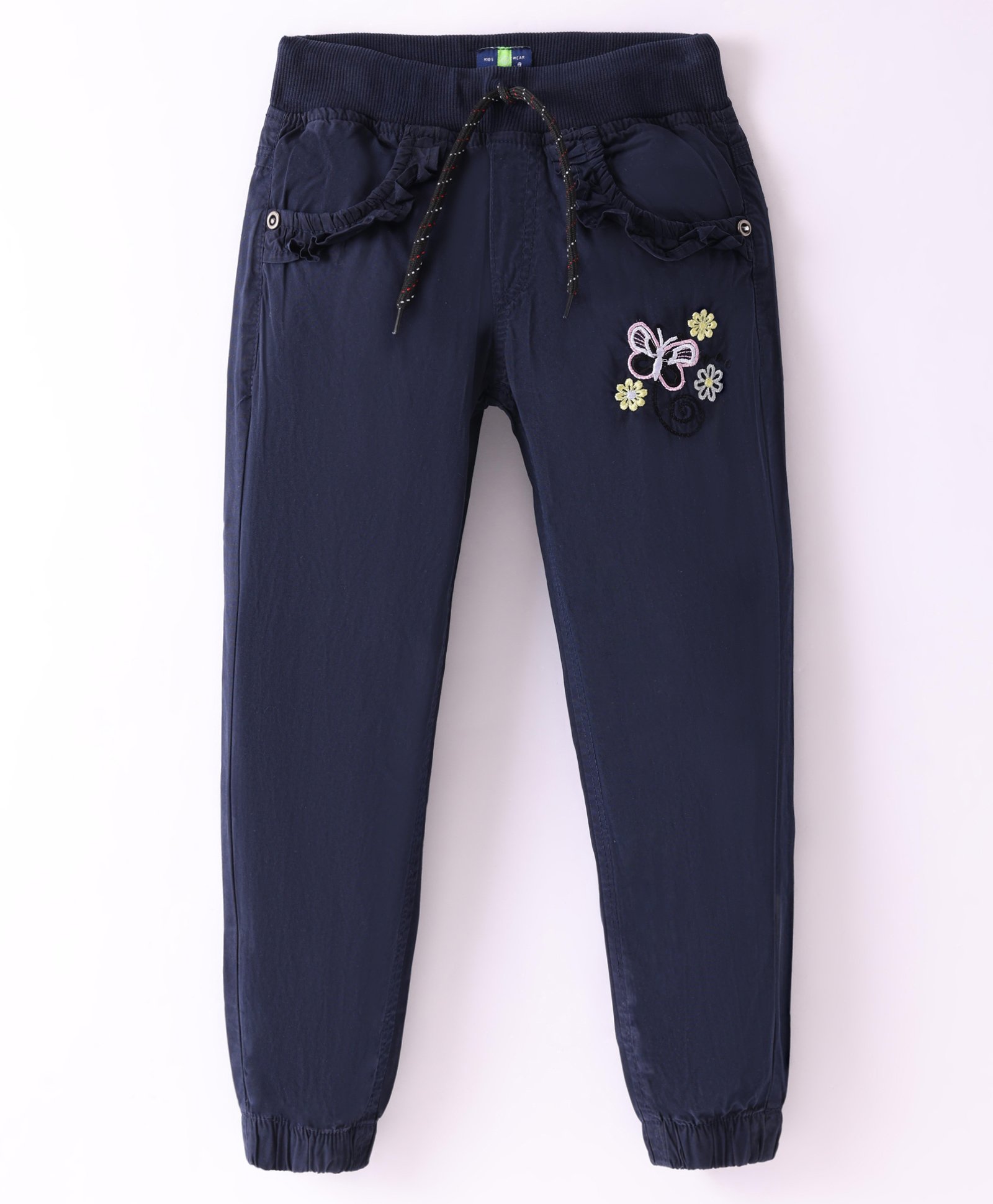 Olio Kids Cotton Knit Full Length Lounge Pant with Frill Detailing & Butterfly Embroidery -Navy-picture-20