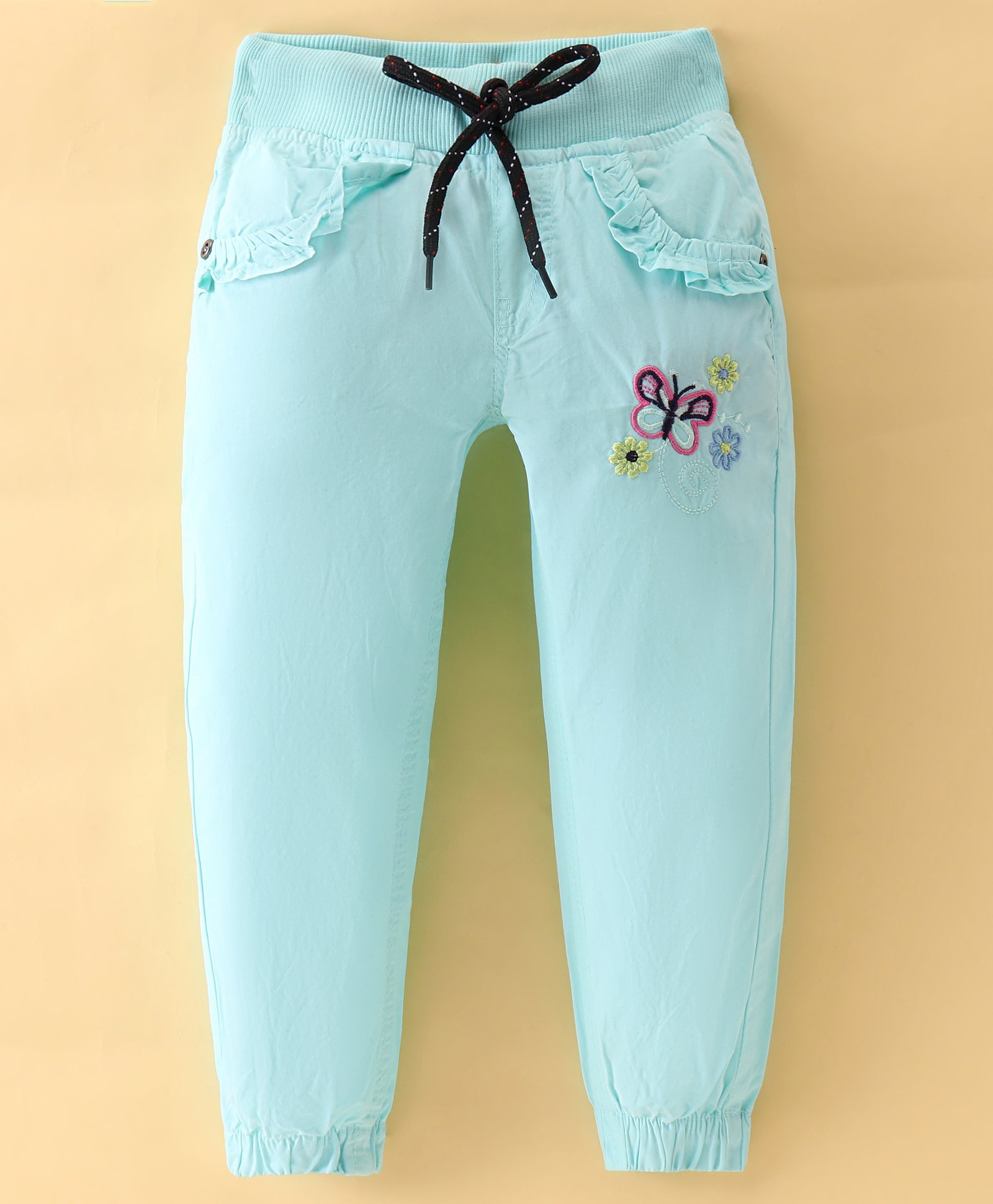 Olio Kids Cotton Knit Full Length Lounge Pant with Frill Detailing & Butterfly Embroidery -Sea Green-picture-12