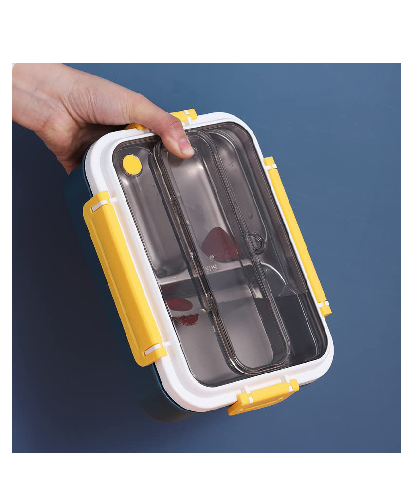 Sanjary Stainless Steel Yummy Spicy 3 Compartment Lunch Box With Spoon, Fork & Chopstick - 1000 ml - Color & Design May Vary-image-14