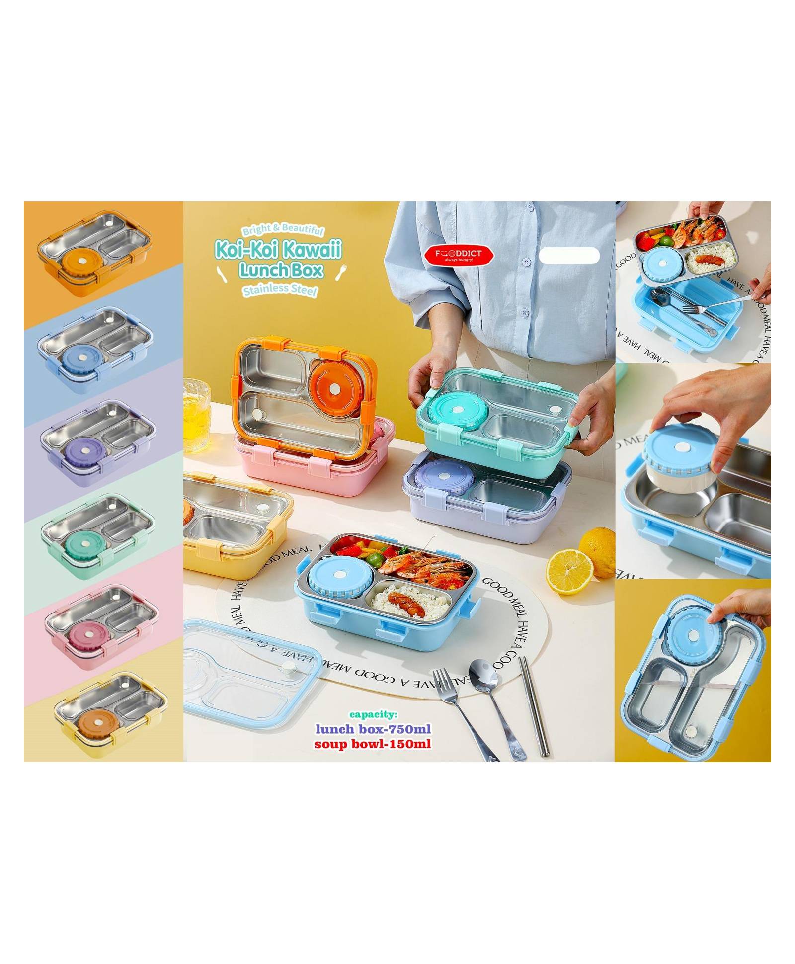 Sanjary Koi-Koi Kawaii Lunch Box Three Compartment Stainless Steel Lunch Box With Spoon, Fork & Chopstick - 750 ml - Pack of 1 -Color & Design May Vary-image-24