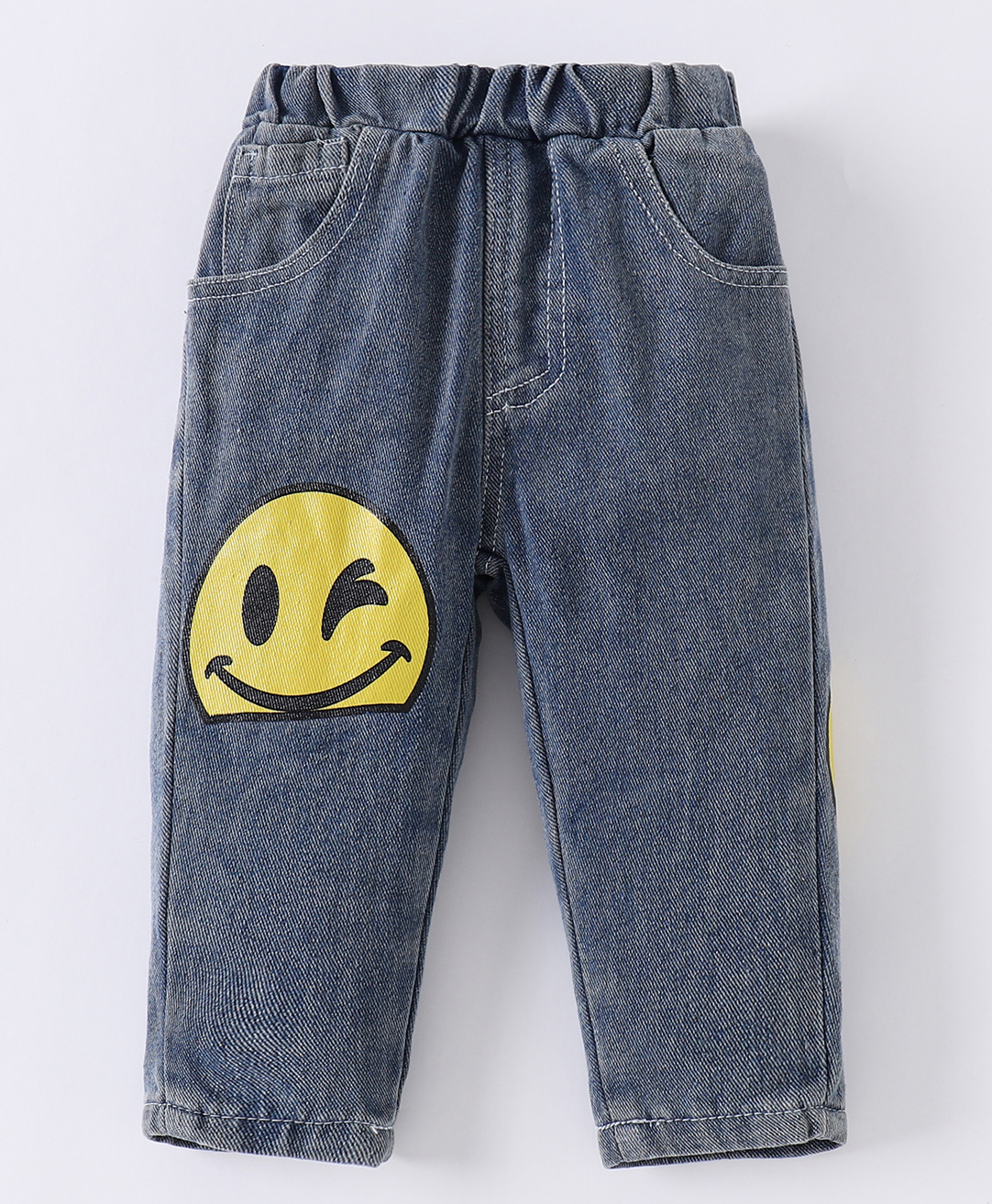 Kookie Kids Denim Full Length Washed Jeans With Emoticon Print - Blue-image-31