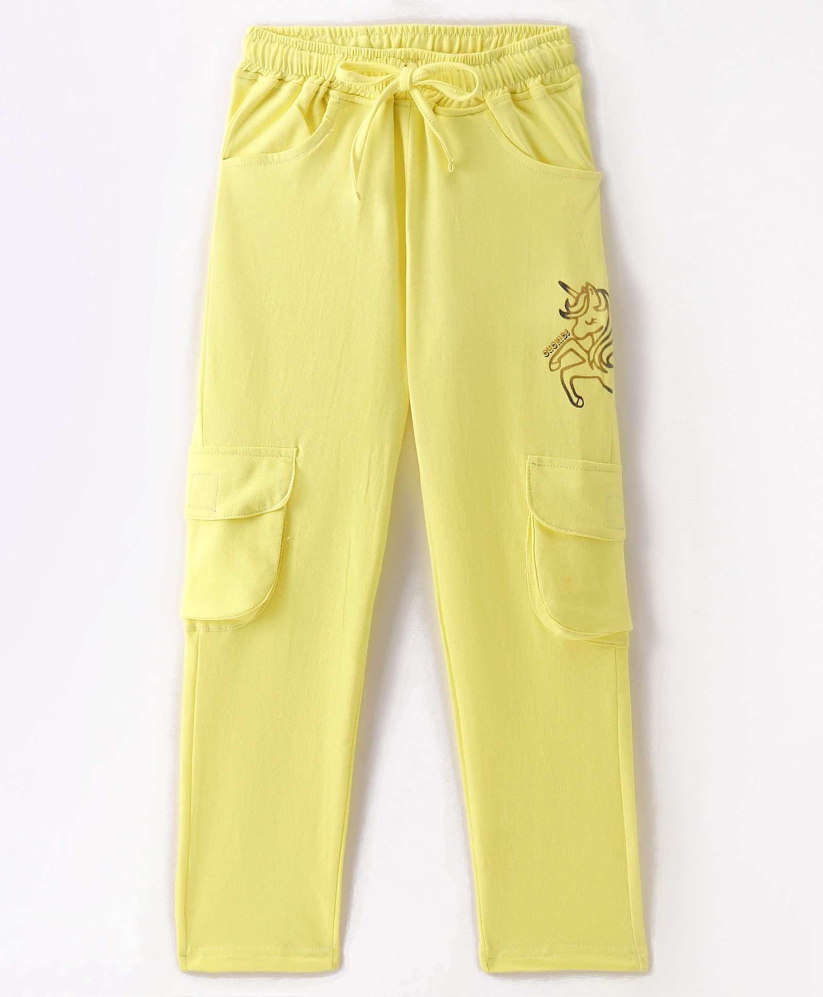 Olio Kids Cotton Knit Full Length Track Pant with Pocket & Unicorn Print - Lemon-picture-13