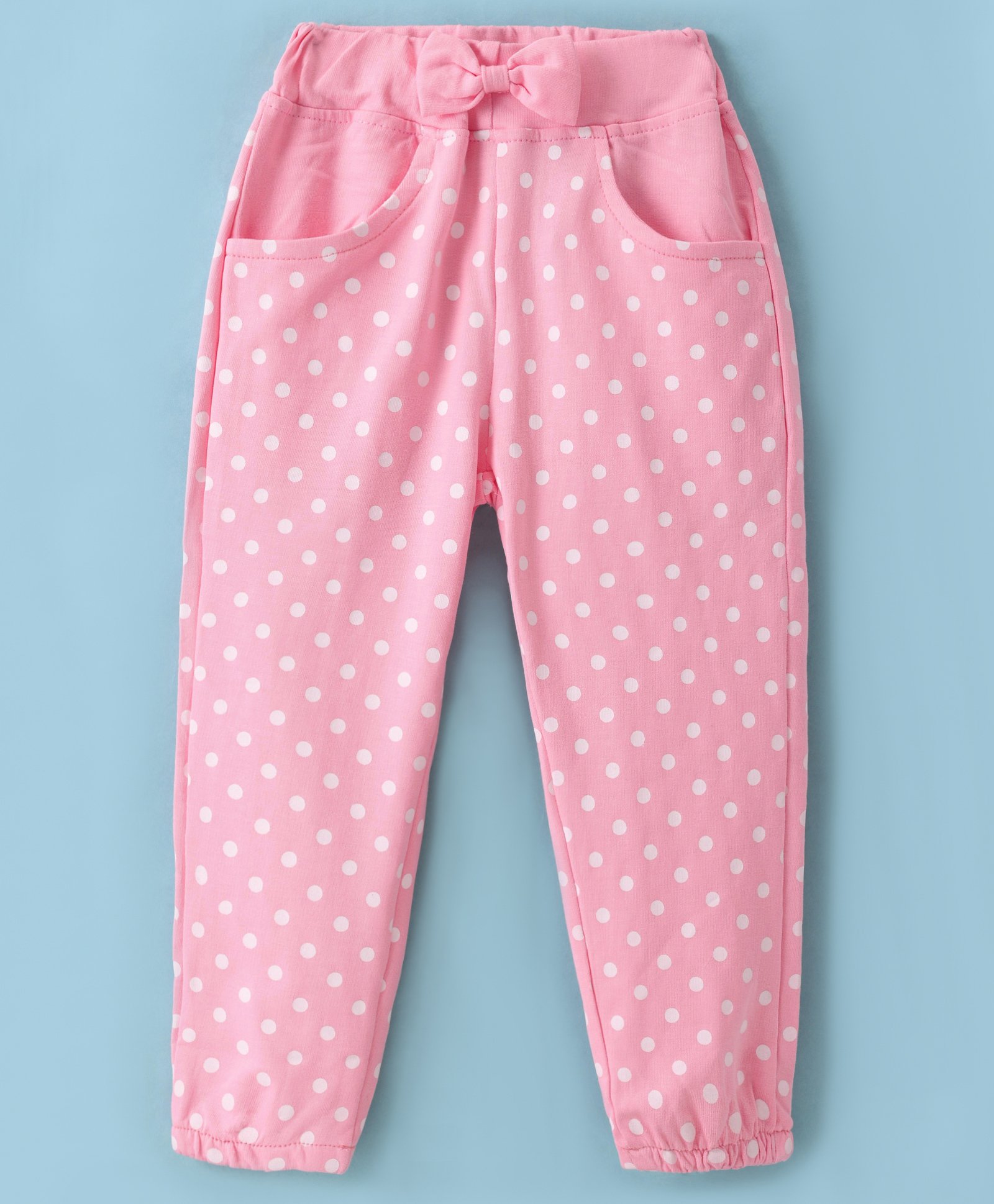 Olio Kids Cotton Knit Full Length Lounge Pant with Polka Dot Print & Bow Applique - Pink-image-13