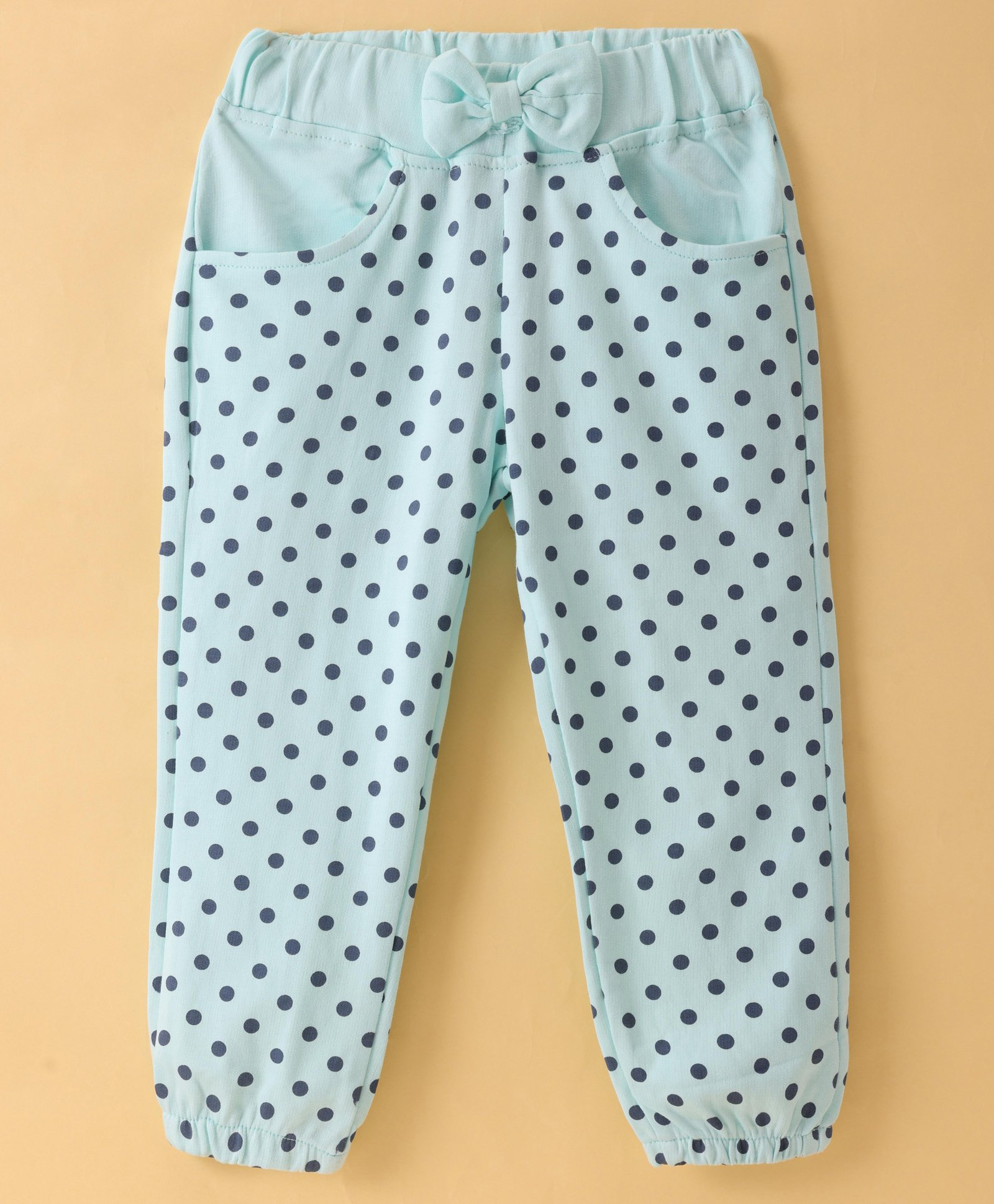 Olio Kids Cotton Knit Full Length Lounge Pant with Polka Dot Print & Bow Applique - Green-picture-22