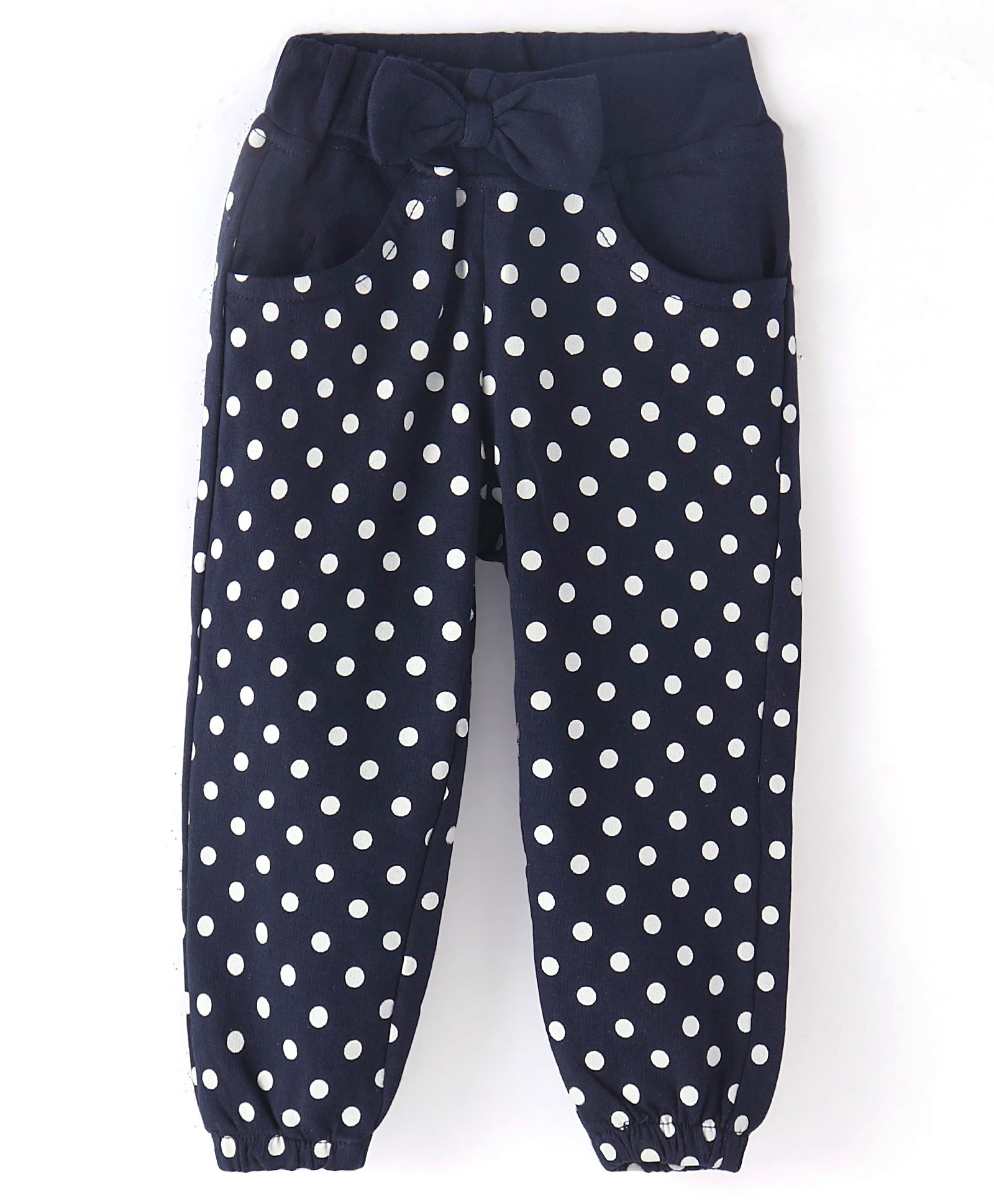 Olio Kids Cotton Knit Full Length Lounge Pant With Polka Dots Print & Bow Applique - Navy-image-47