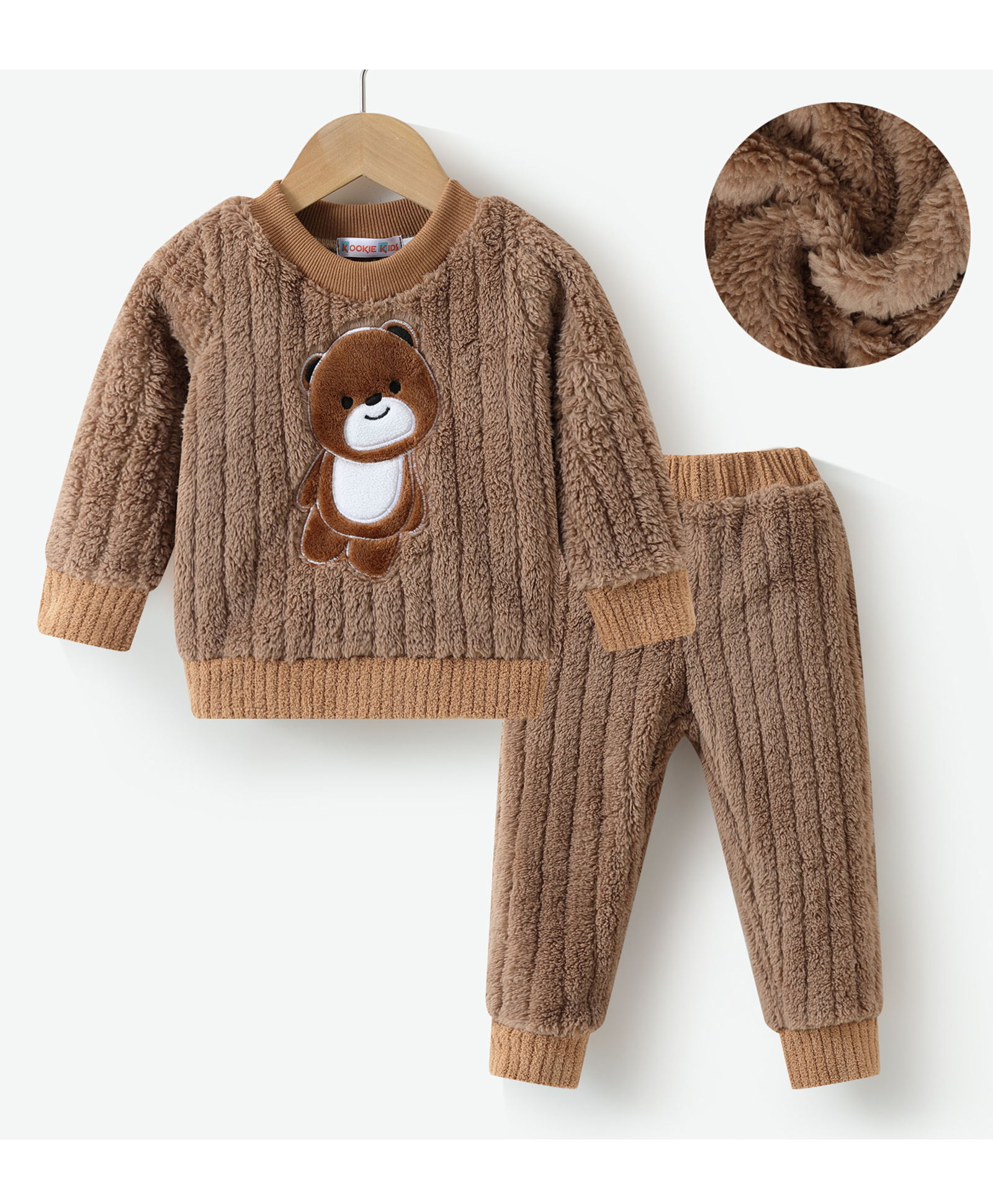 Kookie Kids Woven FullSleeves Night Suit Set with Bear Patch - Brown-image-11