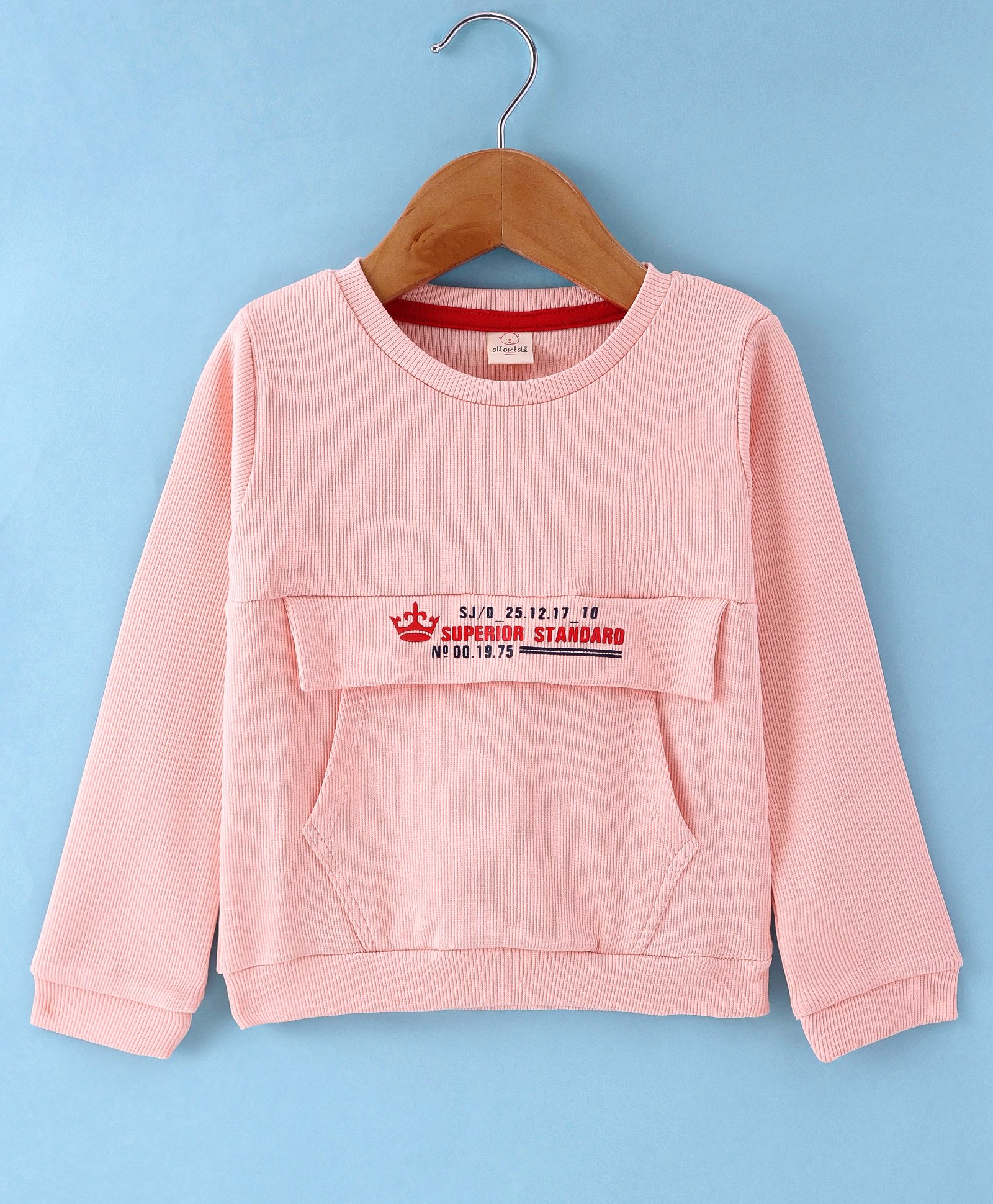 Olio Kids Cotton Knit Full Sleeves Winter T-Shirt with Text Print & Kangaroo Pocket -Peach-picture-26