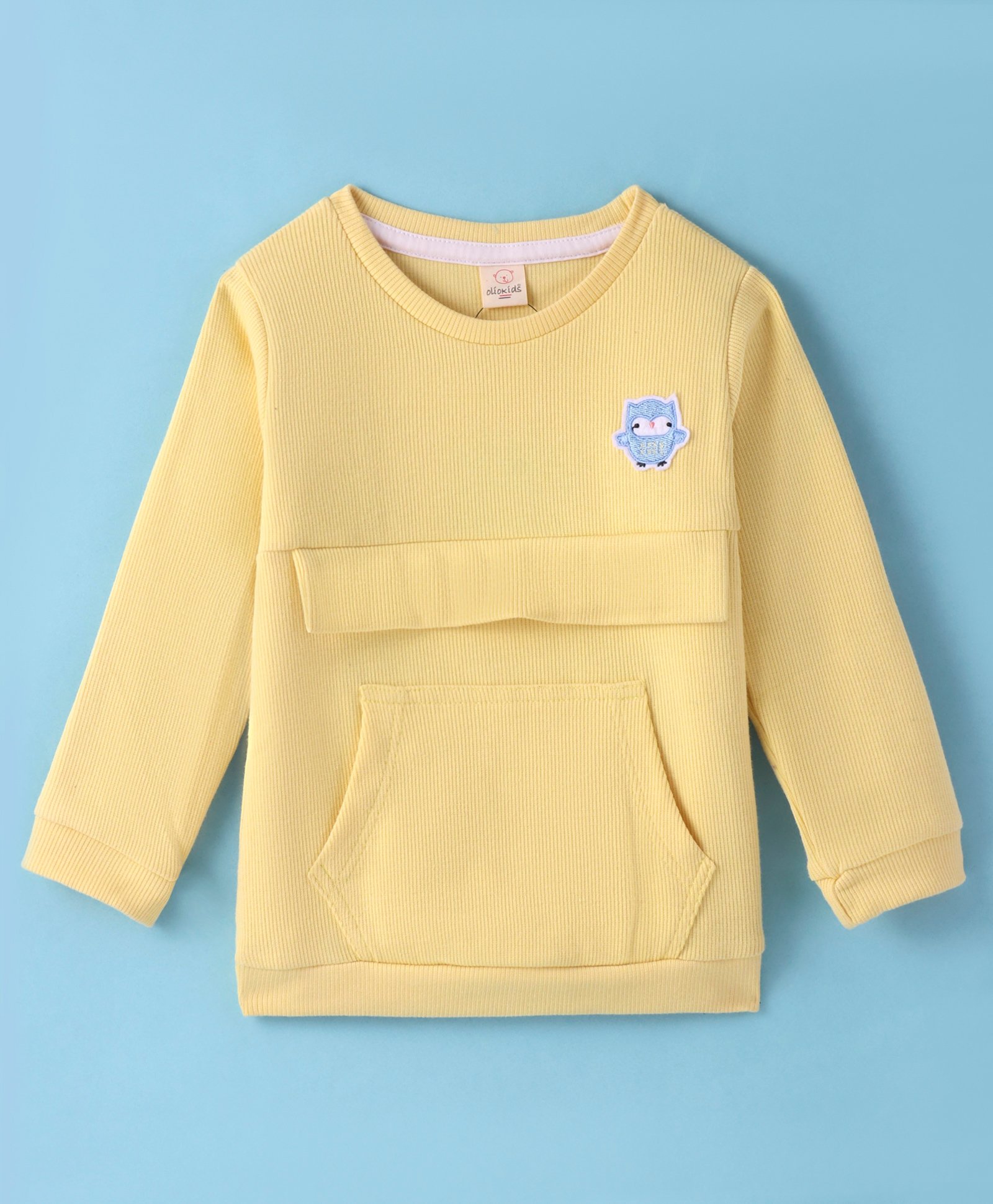Olio Kids Cotton Knit Full Sleeves Winter T-Shirt with Kangaroo Pockets & Owl Patch - Lemon Yellow-picture-18