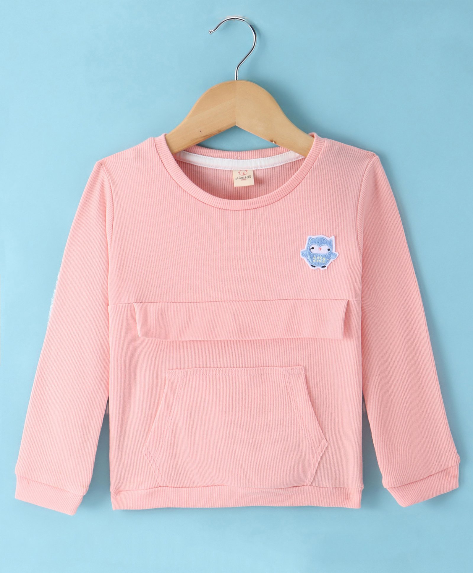 Olio Kids Cotton Knit Full Sleeves Winter T-Shirt with Kangaroo Pockets & Owl Patch - Peach-picture-18