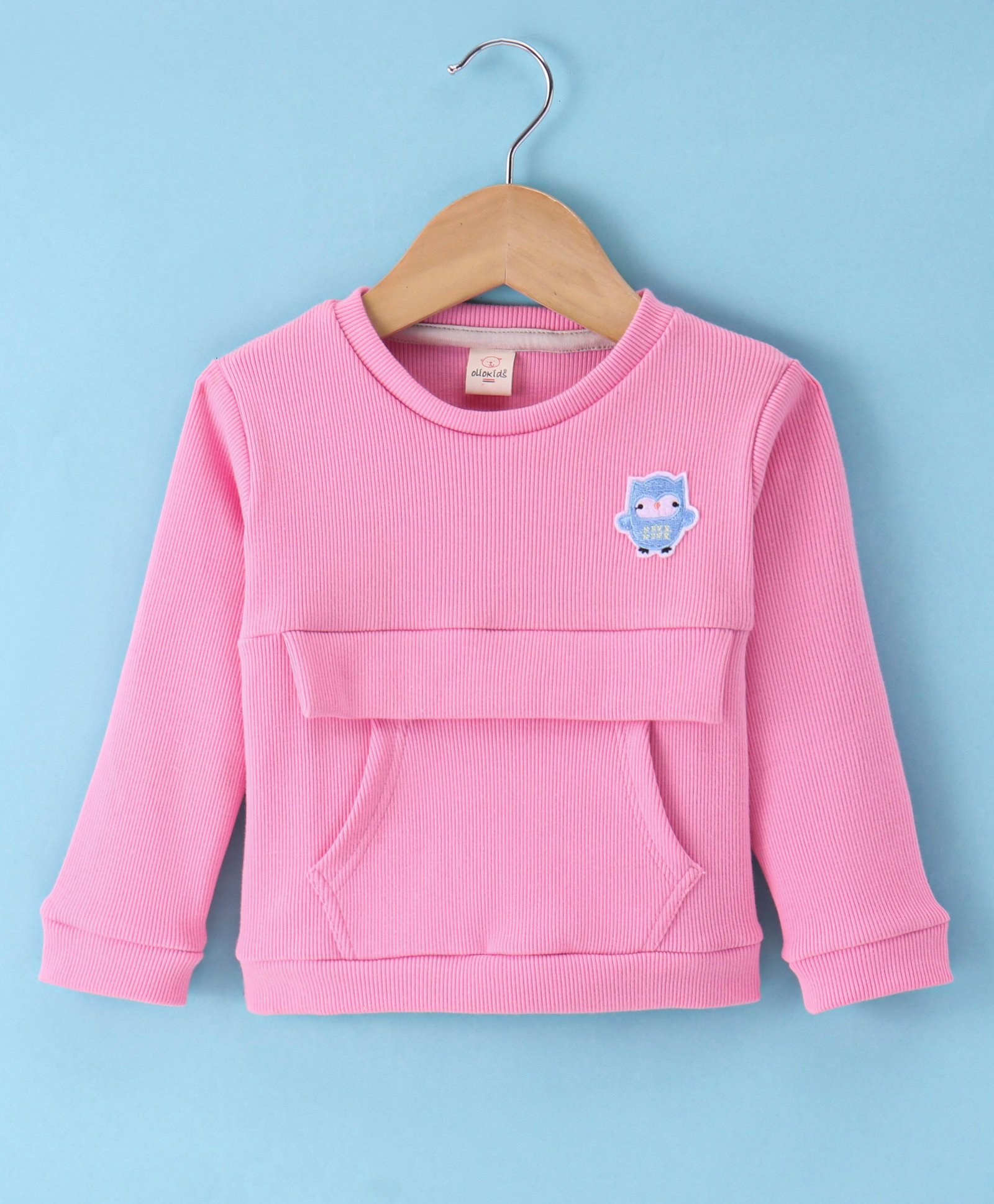 Olio Kids Cotton Knit Full Sleeves Winter T-Shirt with Kangaroo Pocket Owl Patch -Pink-picture-17