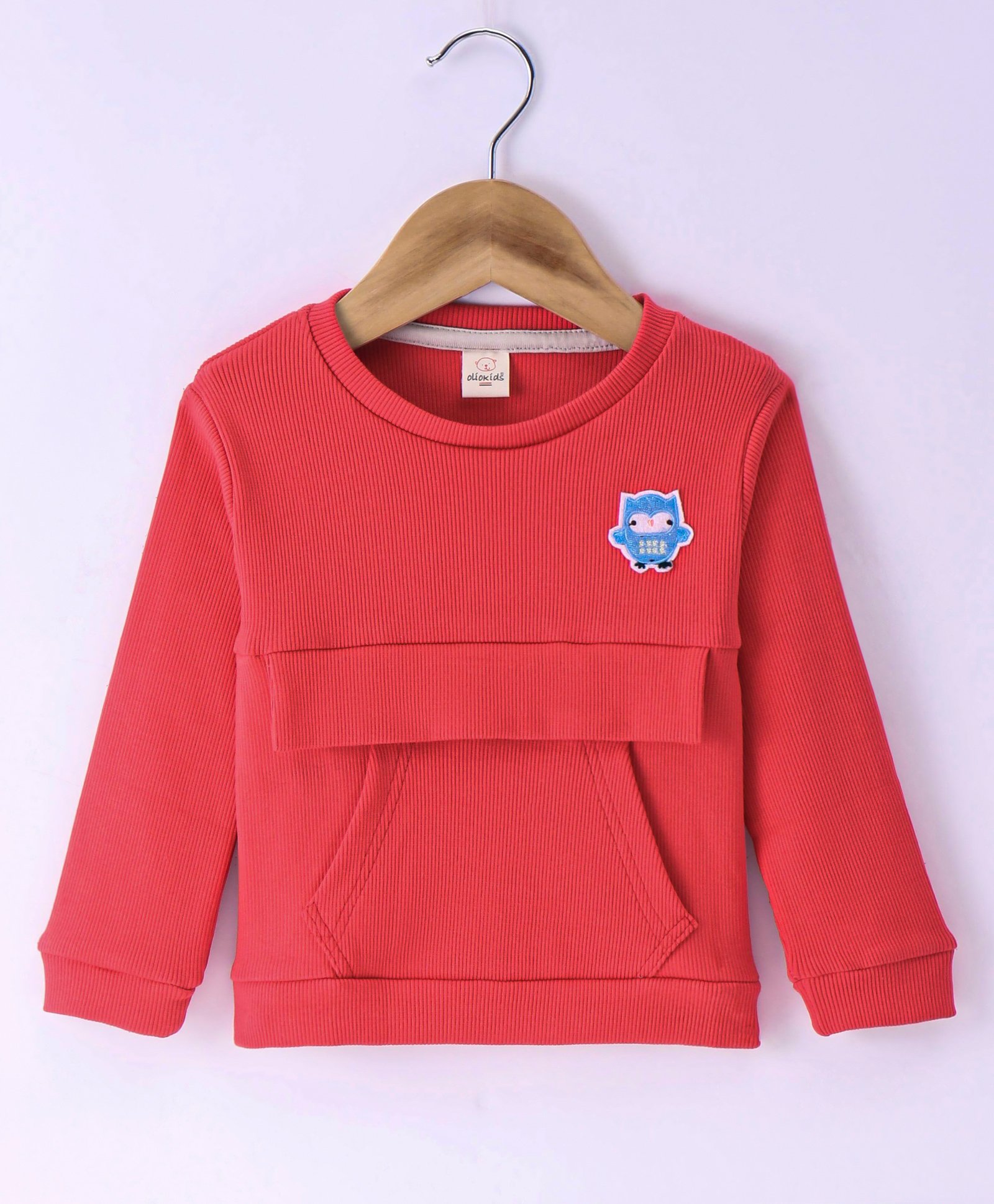 Olio Kids Cotton Knit Full Sleeves Winter T-Shirt with Kangaroo Pocket Owl Patch - Red-picture-19