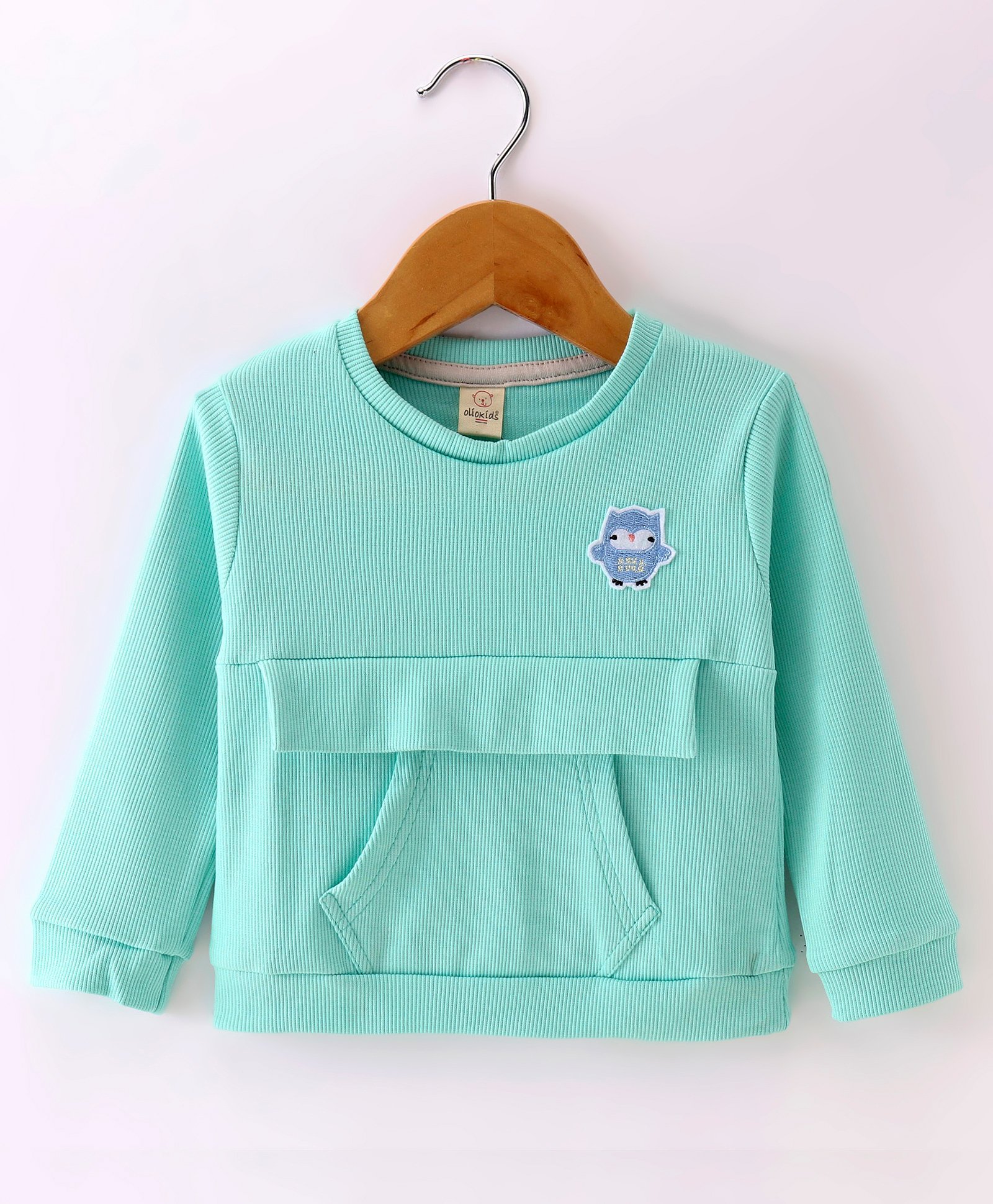 Olio Kids Cotton Knit Full Sleeves Winter T-Shirt with Owl Patch & Front Pocket - Sea Green-picture-16