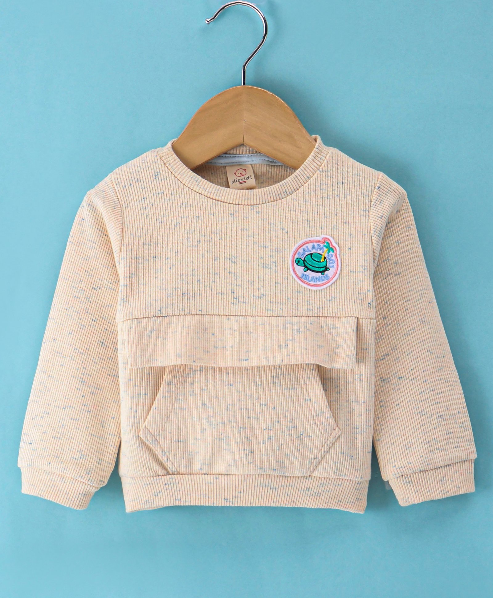Olio Kids Cotton Knit Full Sleeves Winter T-Shirt with Kangaroo Pocket & Turtles Patch - Cream-image-37