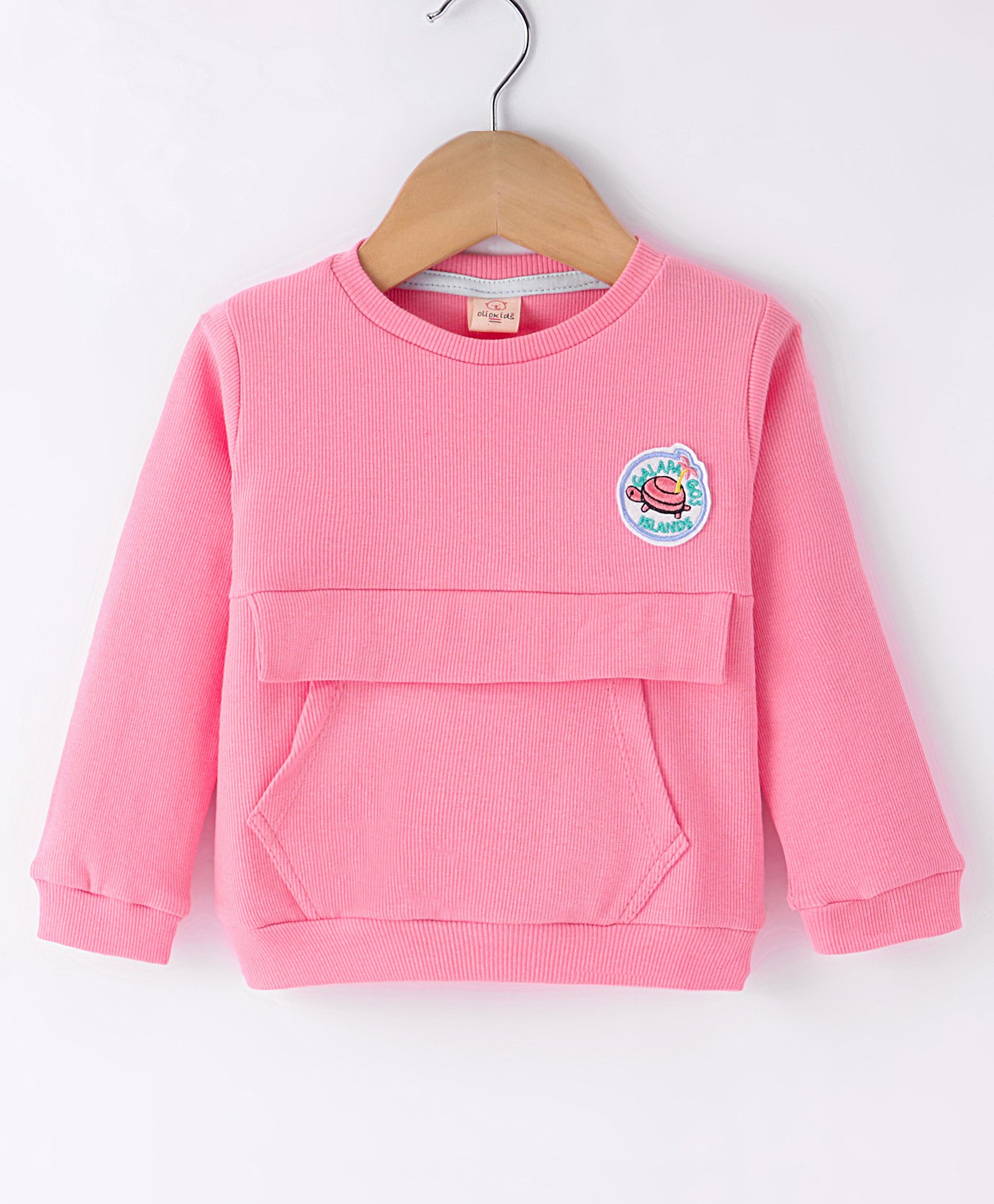 Olio Kids Cotton Knit Full Sleeves Winter T-Shirt with Kangaroo Pocket Turtles Patch - Light Pink-picture-8