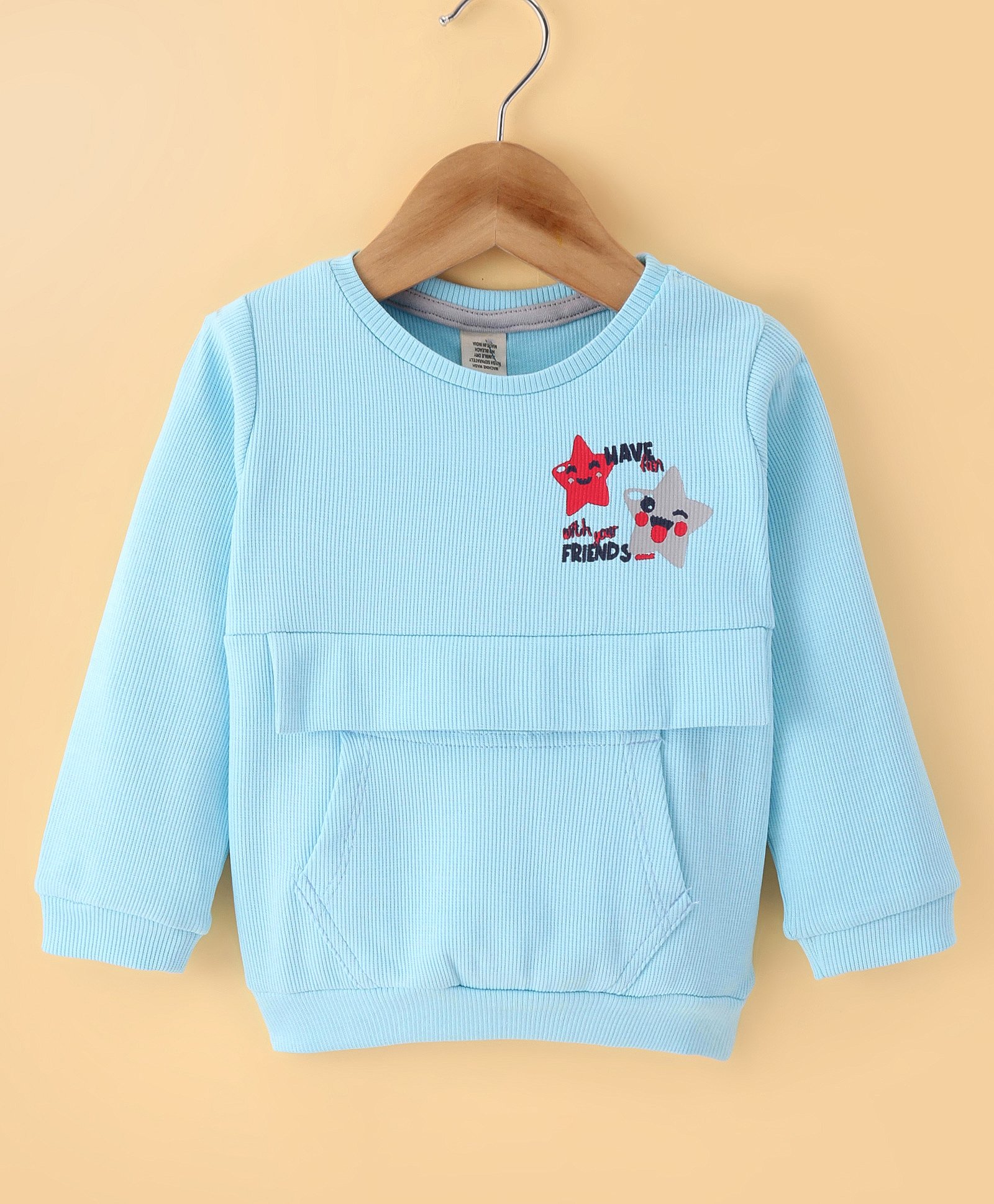 Olio Kids Cotton Knit Full Sleeves Winter T-Shirt with Kangaroo Pocket & Star Printed - Sky Blue-image-40
