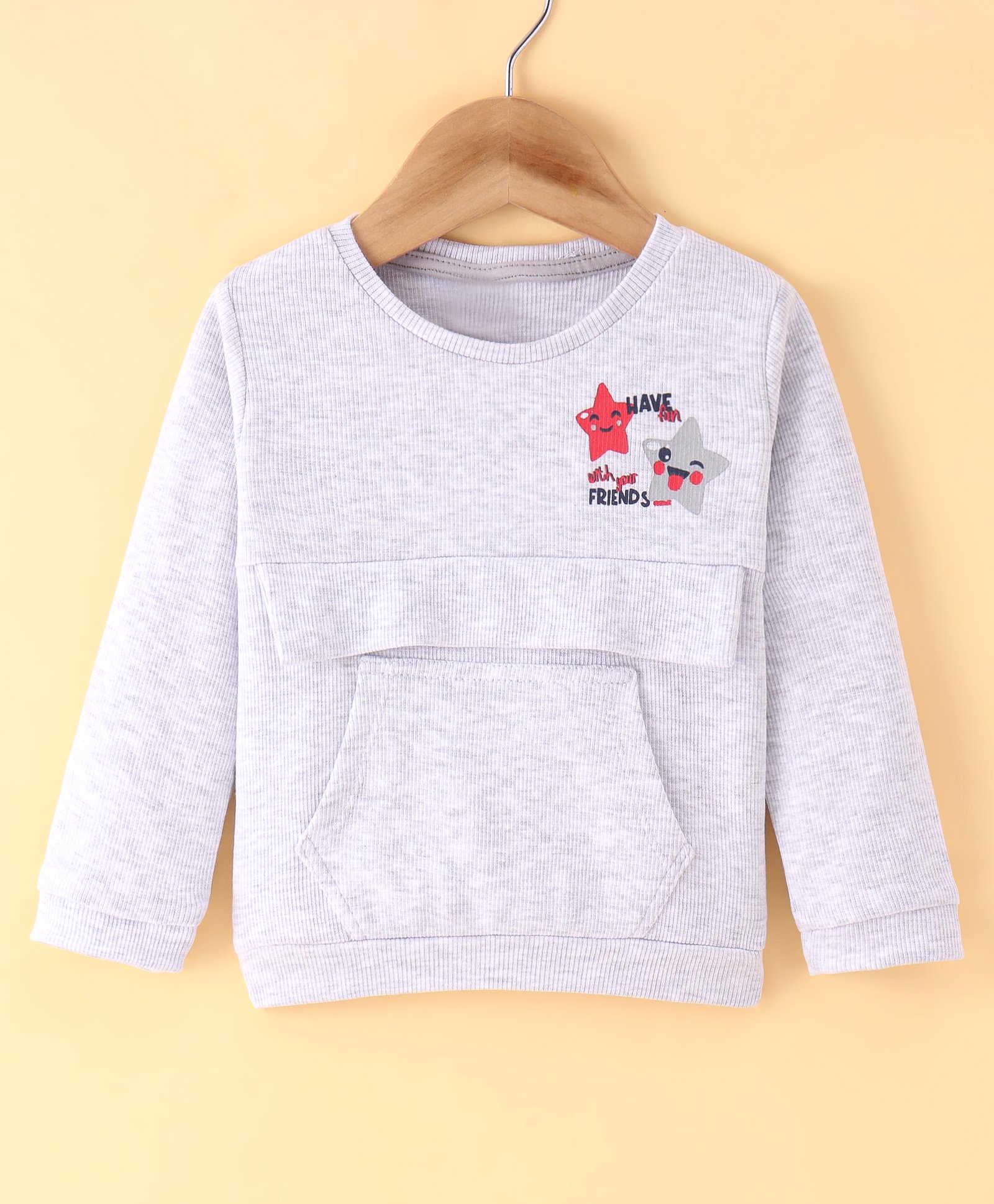 Olio Kids Cotton Knit Full Sleeves T-Shirt with Kangaroo Pocket & Star Printed - Grey-image-10
