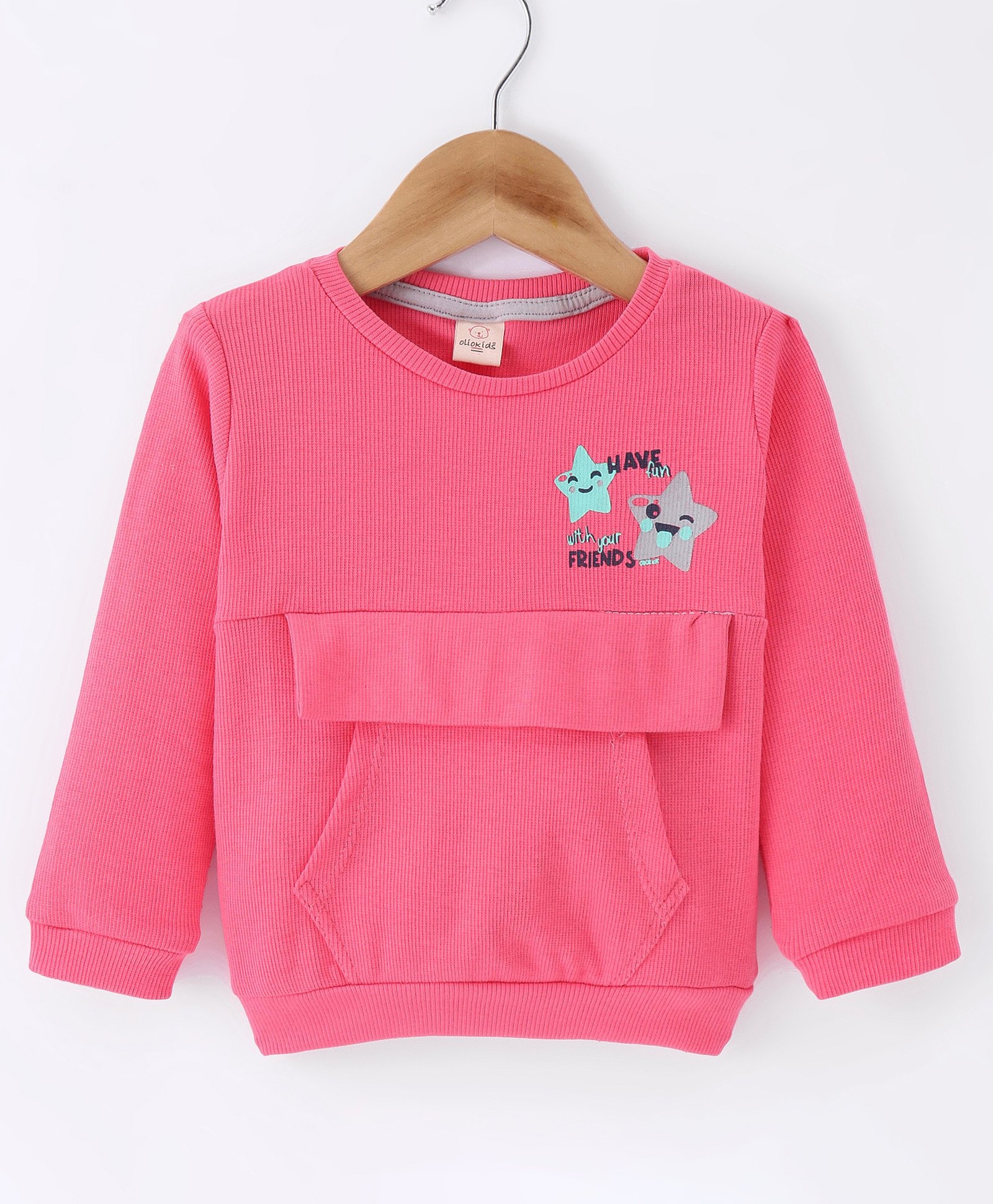 Olio Kids Cotton Knit Full Sleeves Winter T-Shirt with Kangaroo Pocket & Star Printed - Pink-picture-17