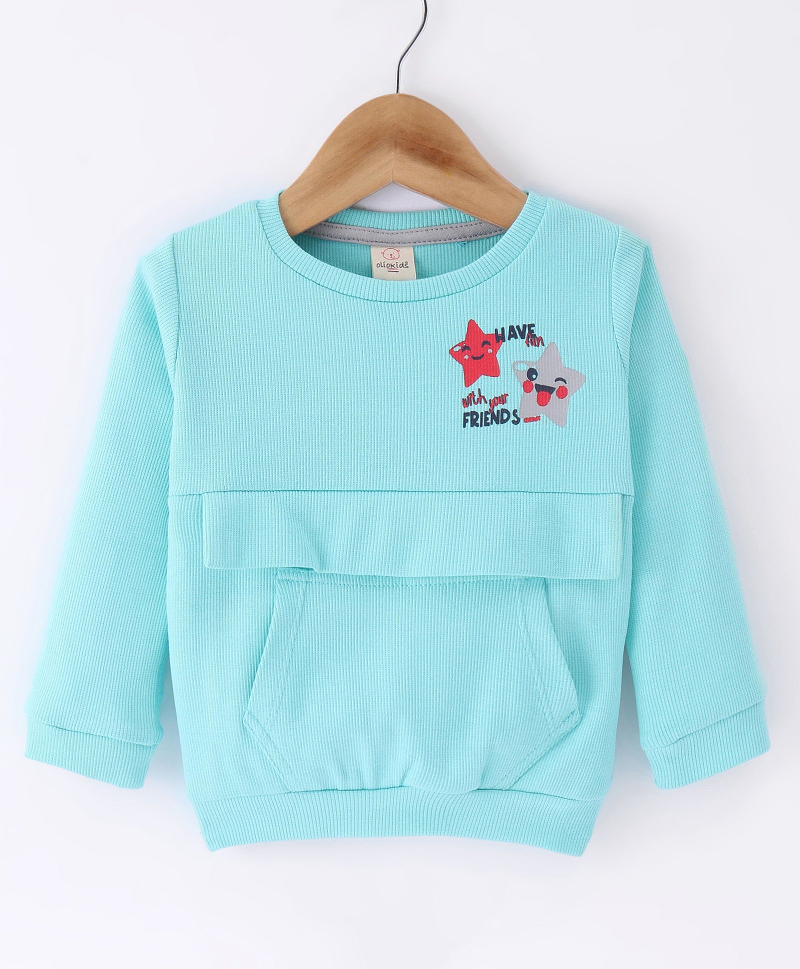 Olio Kids Cotton Knit Full Sleeves Winter T-Shirt with Kangaroo Pocket & Star Printed - Sea Green-picture-31