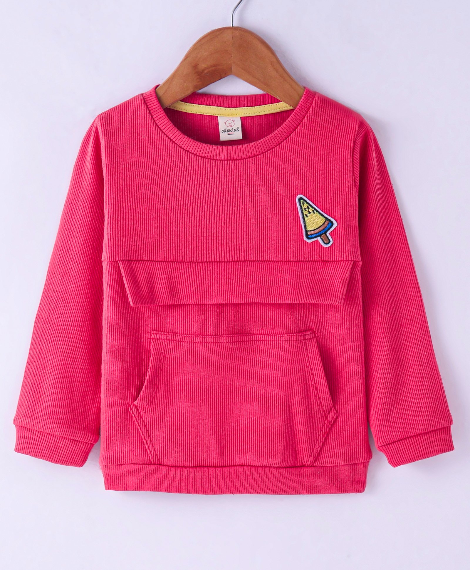 Olio Kids Cotton Knit Full Sleeves Winter T-Shirt with Kangaroo Pocket & Ice Cream Patch - Fuchsia-picture-1