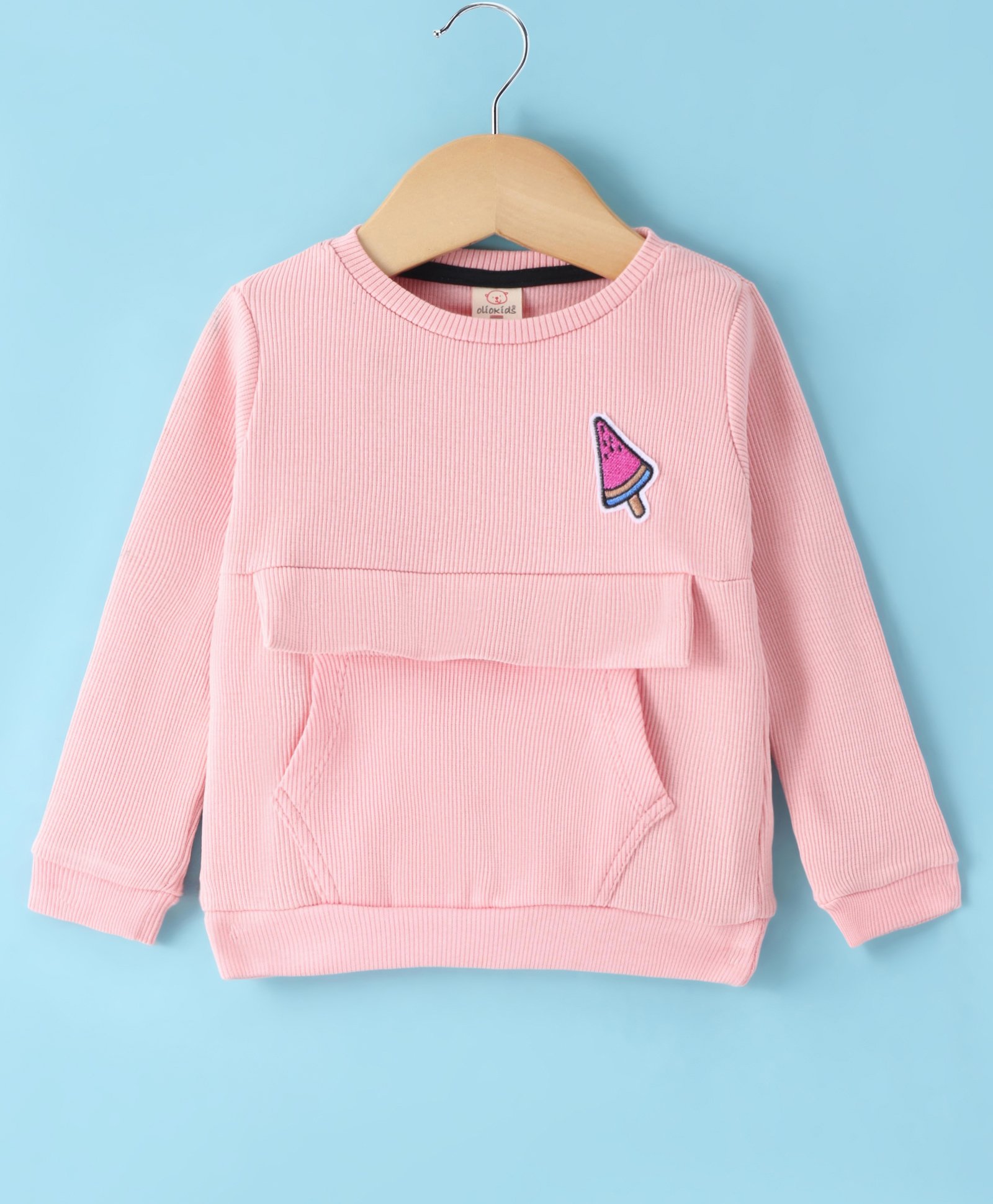 Olio Kids Cotton Knit Full Sleeves Winter T-Shirt with Kangaroo Pocket & Ice Cream Patch - Peach-picture-14