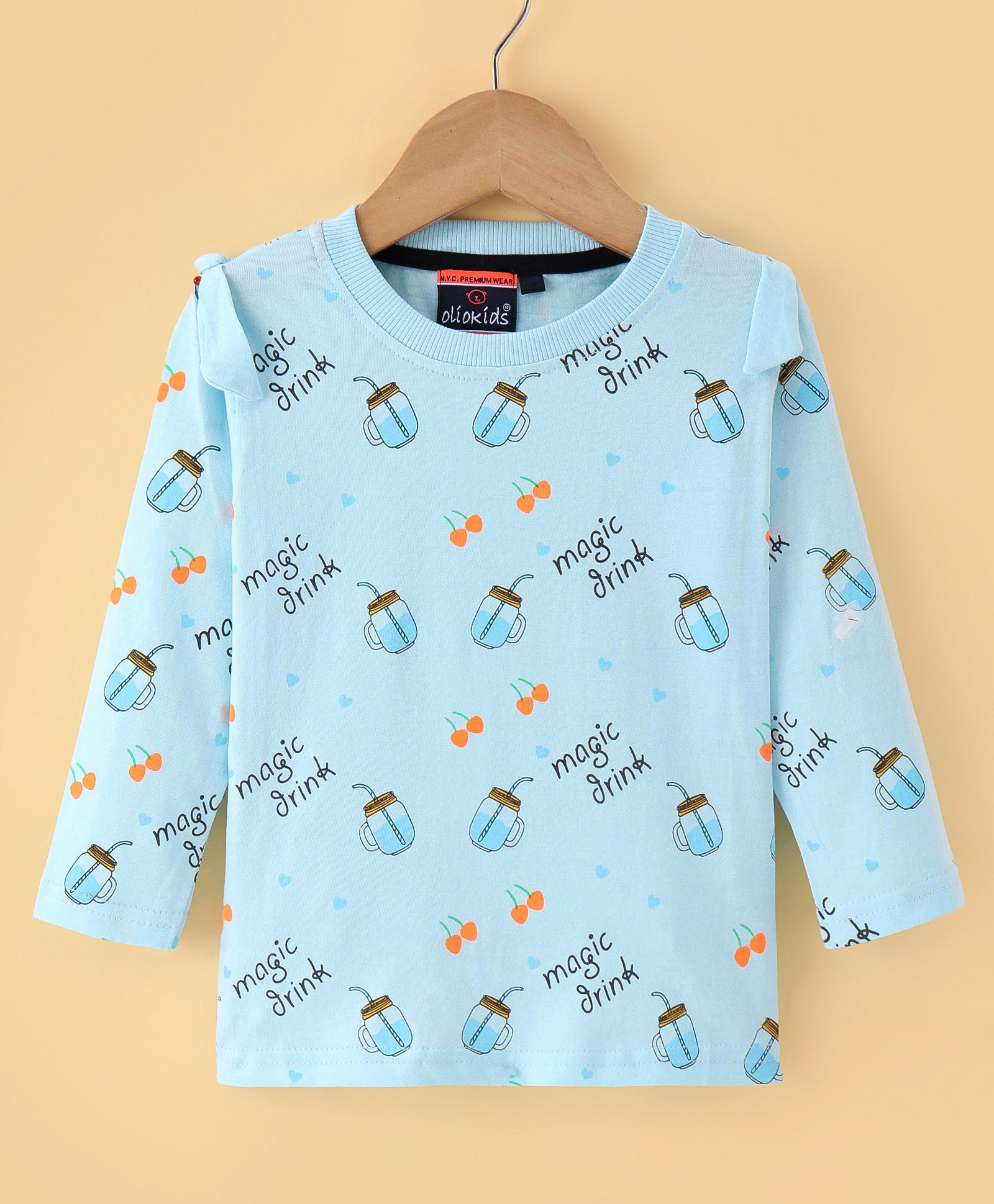 Olio Kids Cotton Knit Full Sleeves T-Shirts With Heart & Cherry Print- Light Blue-image-30