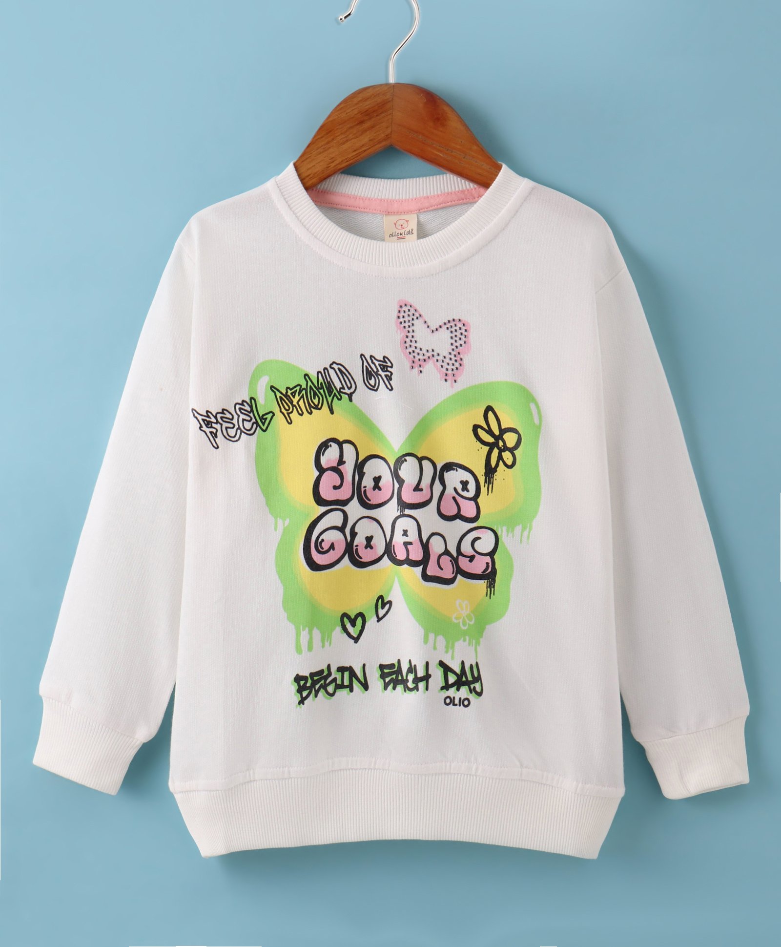 Olio Kids Cotton Knit Full Sleeves T-Shirts With Butterfly Print - Off White-picture-39