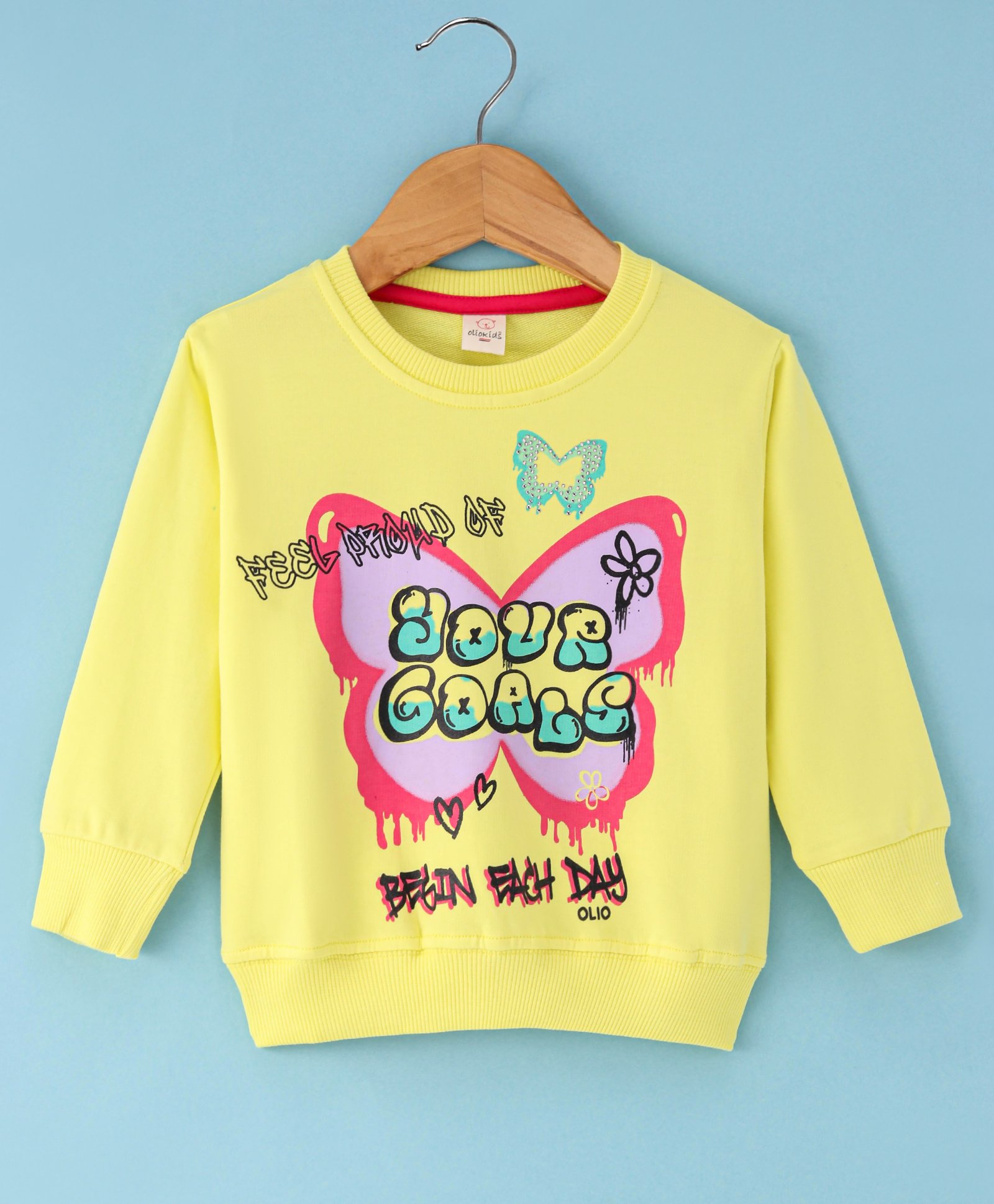 Olio Kids Cotton Knit Full Sleeves T-Shirts With Butterfly Print - Lemon Yellow-picture-18