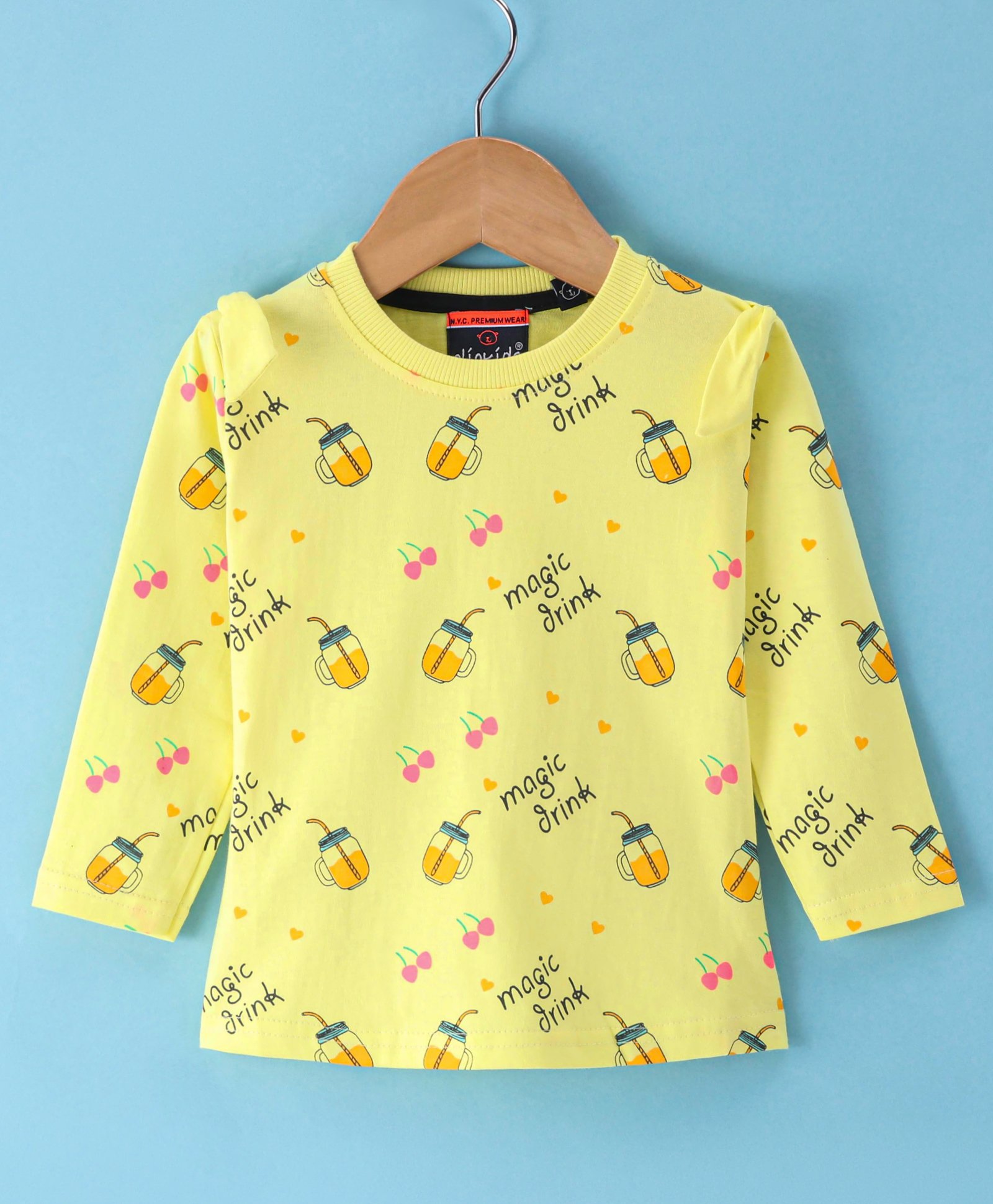 Olio Kids Cotton Knit Full Sleeves T-Shirts With Heart Print- Light Yellow-picture-6