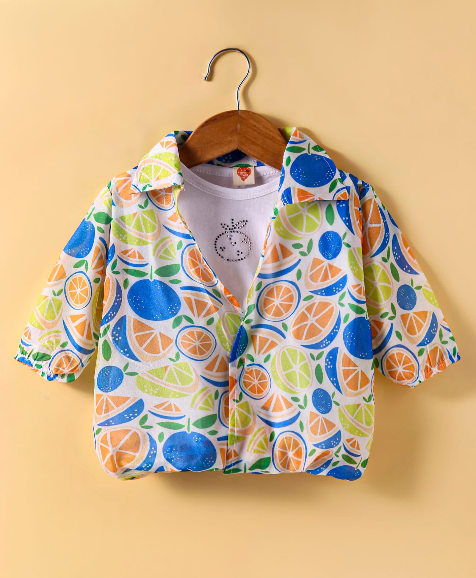 Dew Drops Chiffon Woven Half sleeves Fruits Printed Shirt Style Top - Blue & White-picture-16