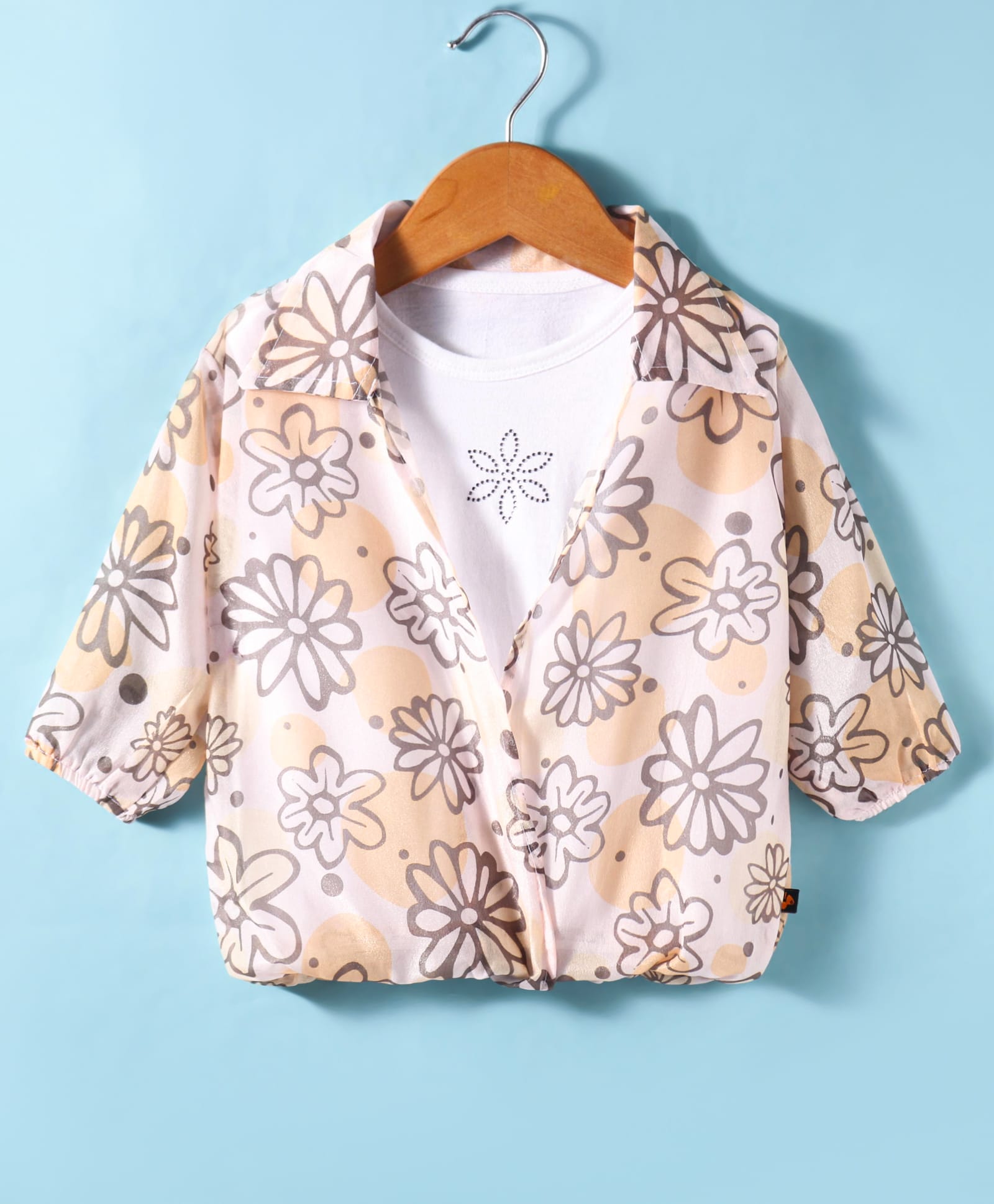 Dew Drops Chiffon Woven Half Sleeves Floral Print Shirt Style Top - Beige-picture-10