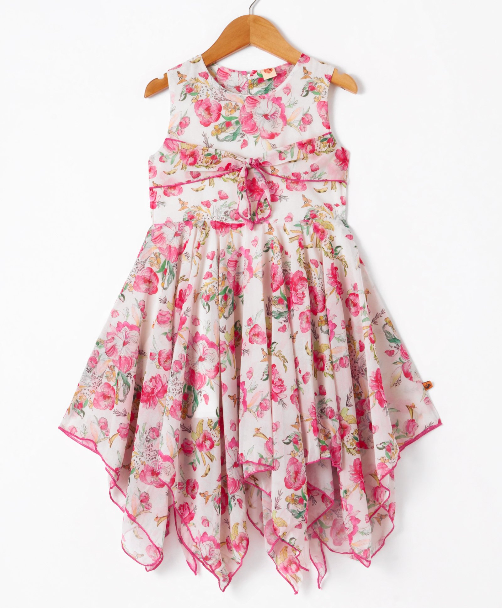 Dew Drops Chiffon Woven Sleeveless Floral Printed Frock With Bow Applique - Pink-picture-47