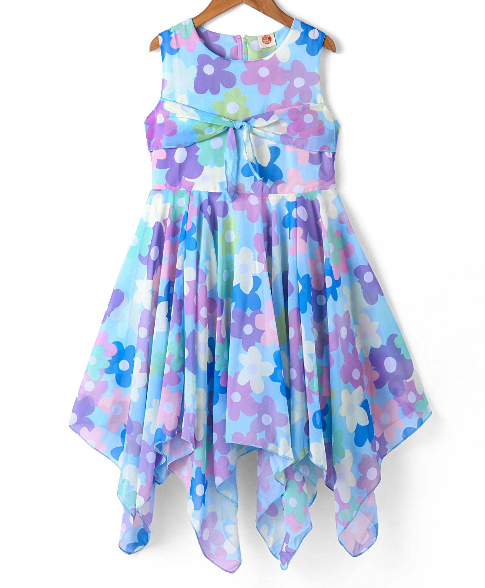 Dew Drops Chiffon Woven Sleeveless Frock With FloralPrint & Knot Detailing - Light Blue-picture-0