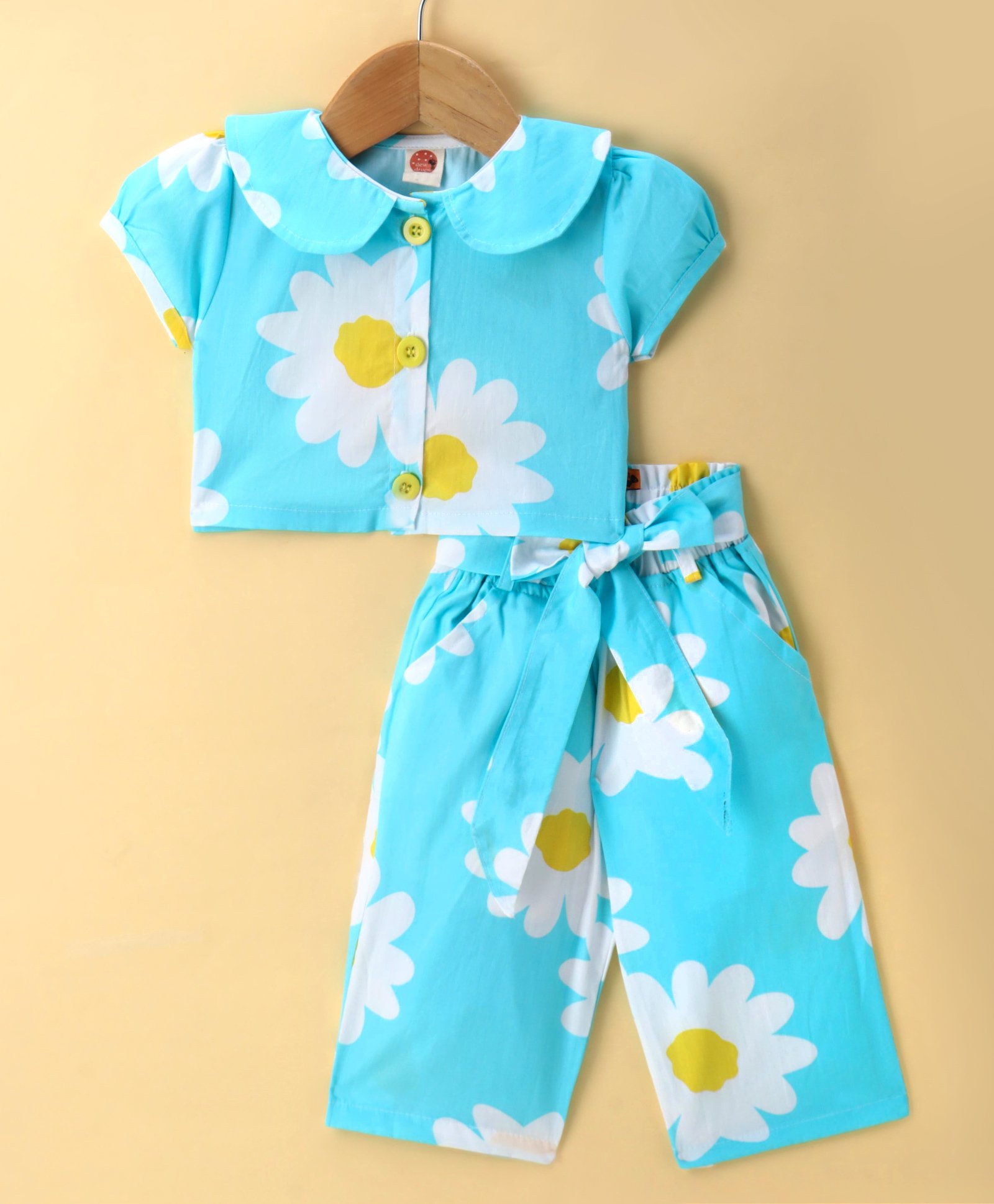 Dew Drops Poplin Woven Half Sleeves Peter Pan Collared Floral Printed Top & Capri Co-Ord Set With Knot Applique - Aqua-picture-30