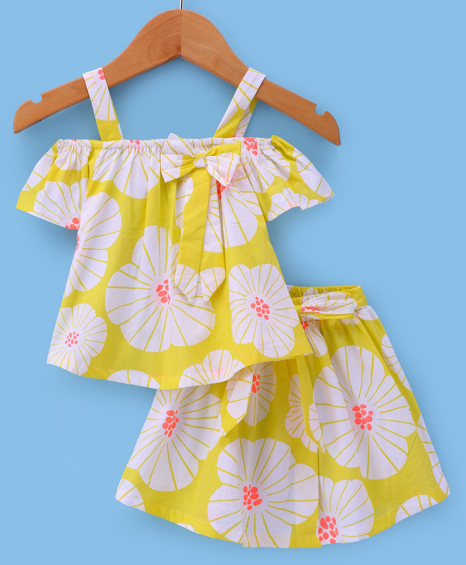 Dew Drops Poplin Woven Half Sleeves Floral Printed Top & Skirt Co-Ord Set - Yellow-picture-36