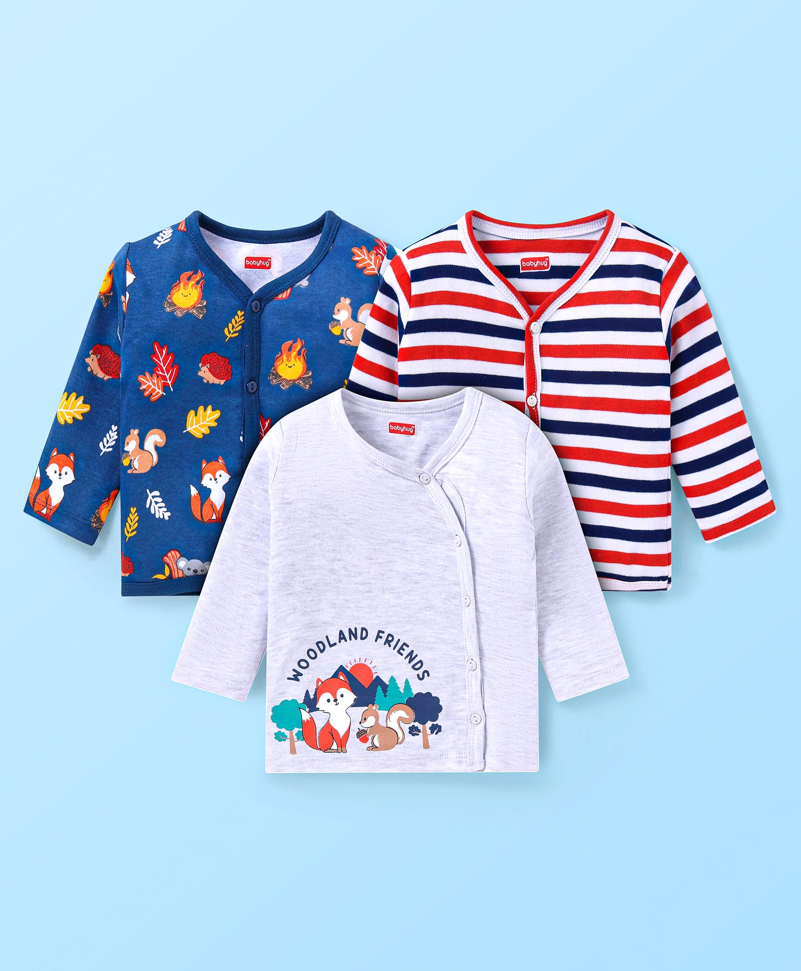 Babyhug 100% Cotton Knit Antibacterial Full Sleeves Front Open Vests with Striped Hedgehog & Fox Printed Pack of 3 - Navy Blue Grey & Red-picture-10