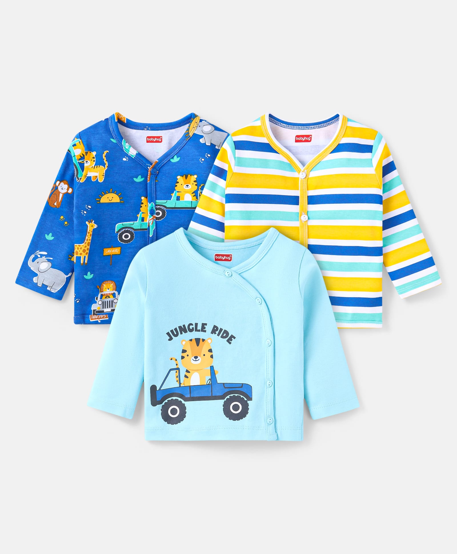 Babyhug 100% Cotton Knit Full Sleeves Front Open Anti Bacterial Vests with Stripes & Lion Print Pack of 3 - Blue