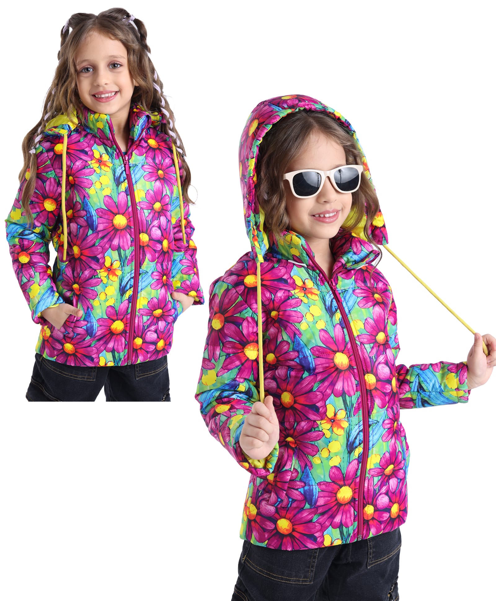 Ollington St. Full Sleeves Padded Hooded Jacket with Quilted Design & Floral Print - Pink Blue & Yellow-picture-12