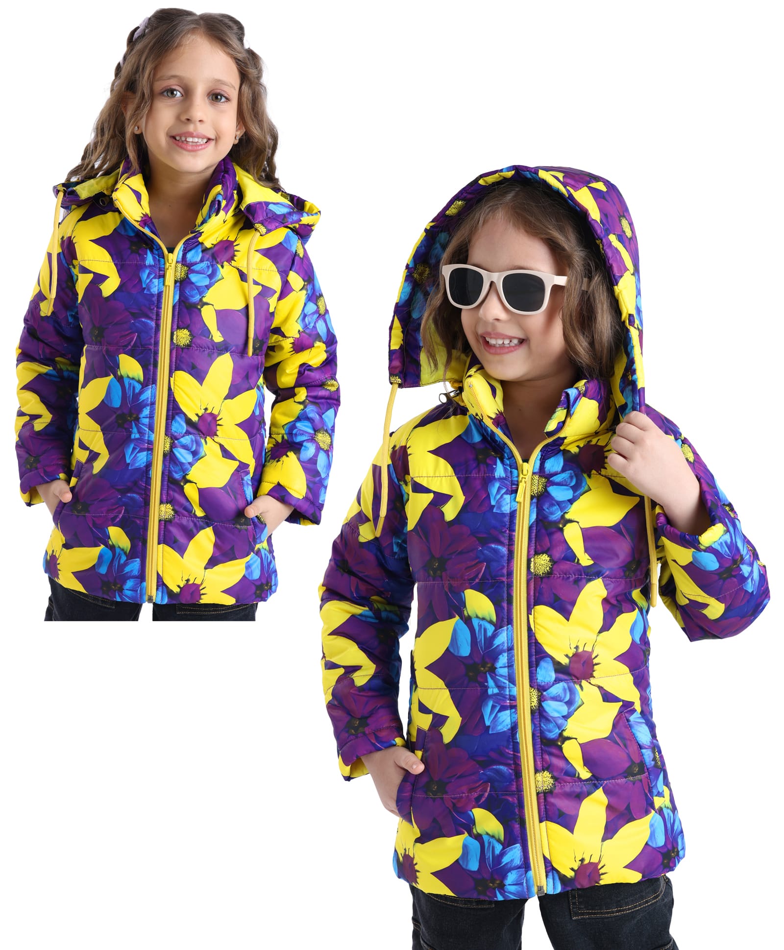 Ollington St. Woven Full Sleeves Floral Printed Padded Quilted Jacket with Detachable Hood- Purple Blue & Yellow-picture-21