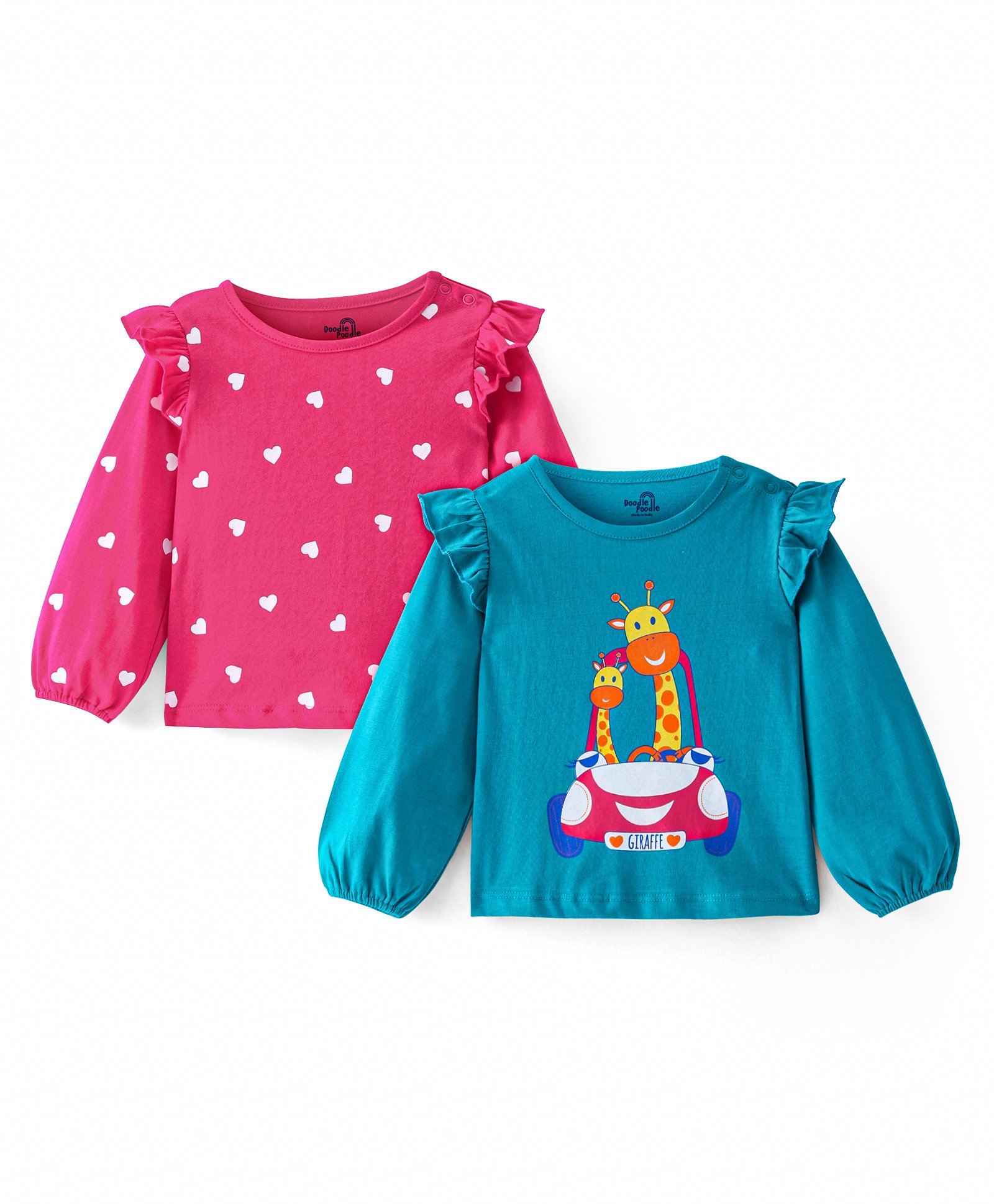 Doodle Poodle 100% Cotton Knit Full Sleeves Tops with Heart & Giraffe Print Pack of 2 - Pink & Blue-picture-18