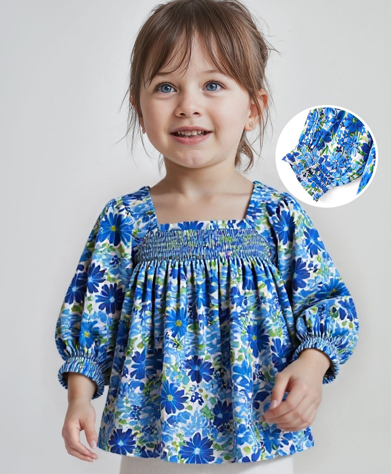Babyhug Rayon Woven Full Sleeves Top With Smocking Detailing &  Floral Print - Blue-picture-16