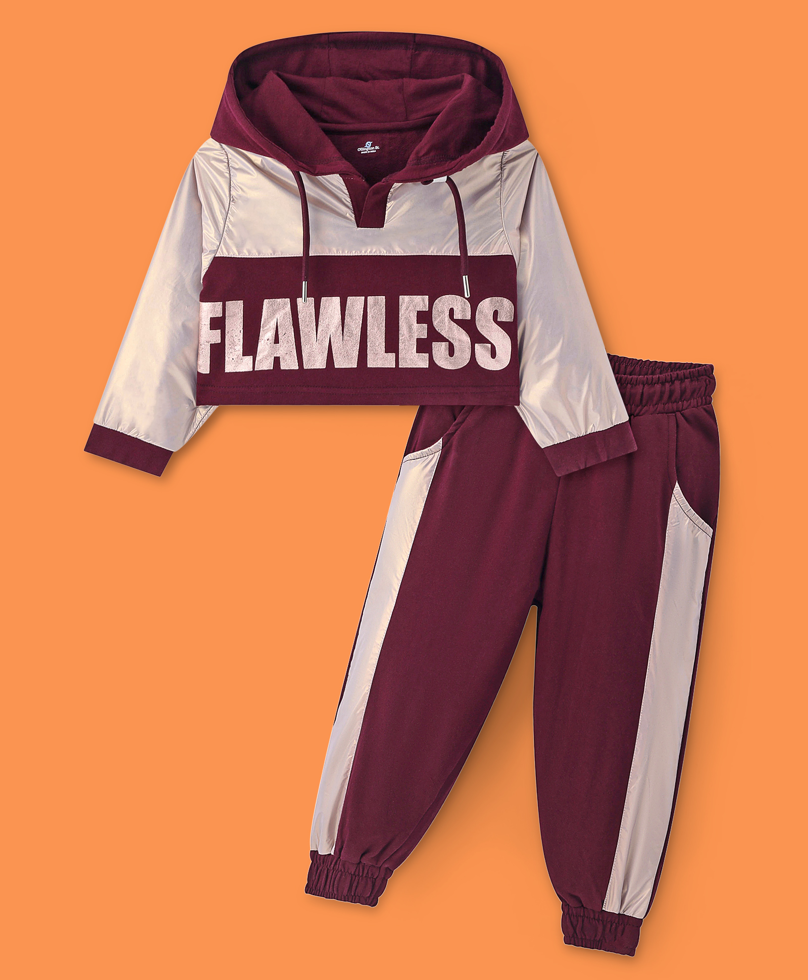 Ollington St. Cotton Full Sleeves Color Blocked Text Printed Hoodie & Joggers Winter Wear Set - Wine & Silver-picture-36