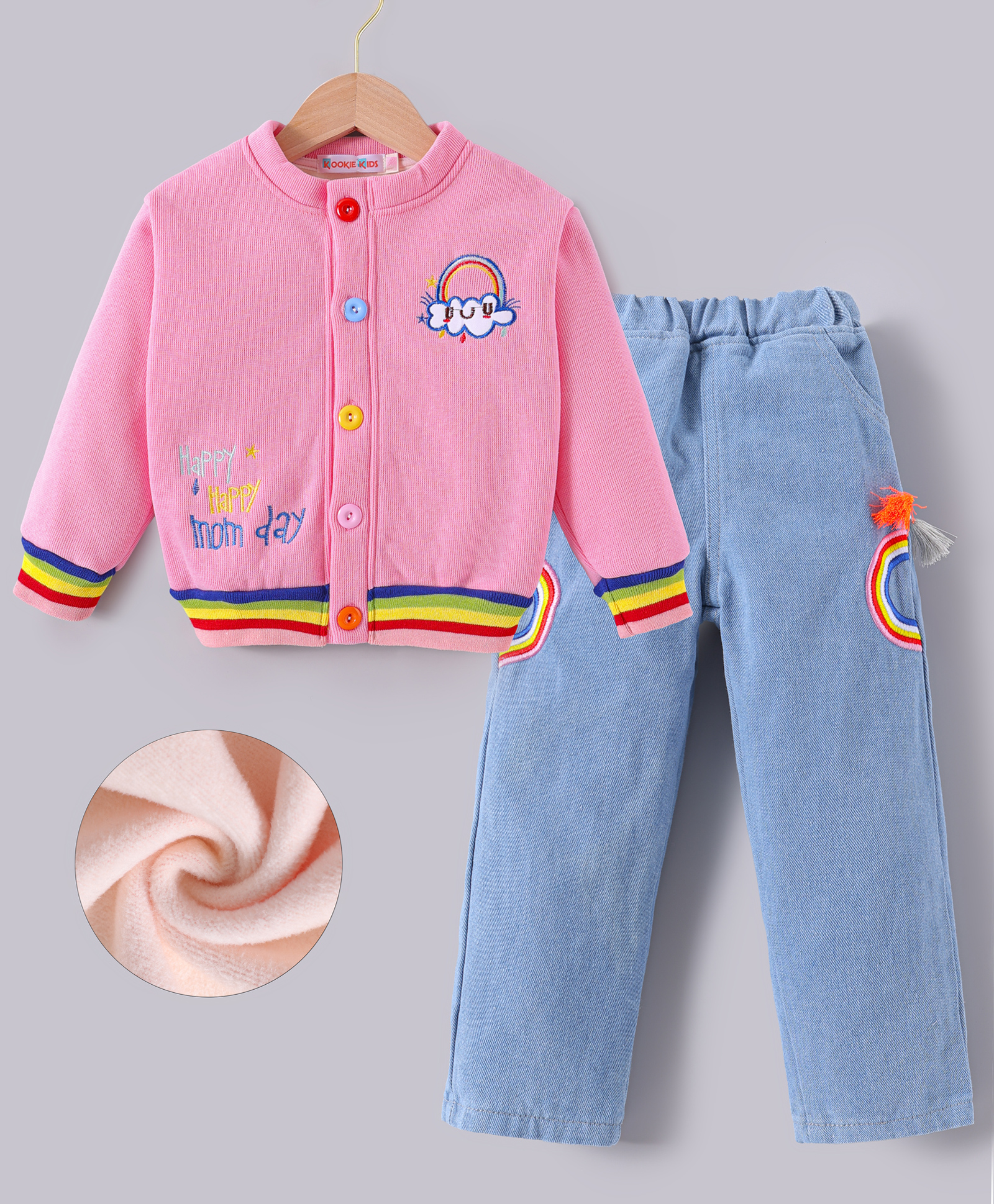 Kookie Kids Full Sleeves Winter Wear Bomber Jacket & Jeans Set With Text & Rainbow Embroidery - Pink & Blue-picture-21