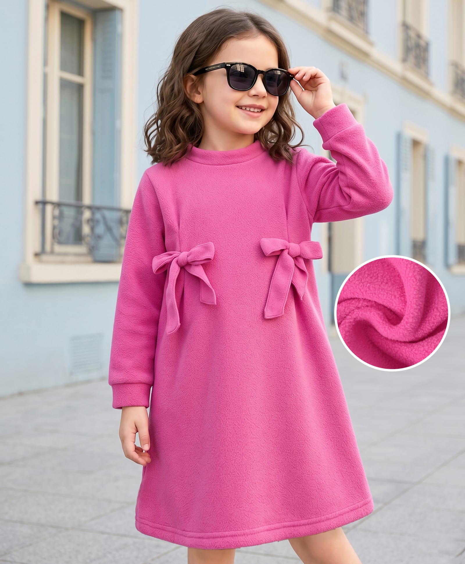 Kookie Kids Full Sleeves Solid Colour Party Frock With Bow Applique - Fuchsia-image-14