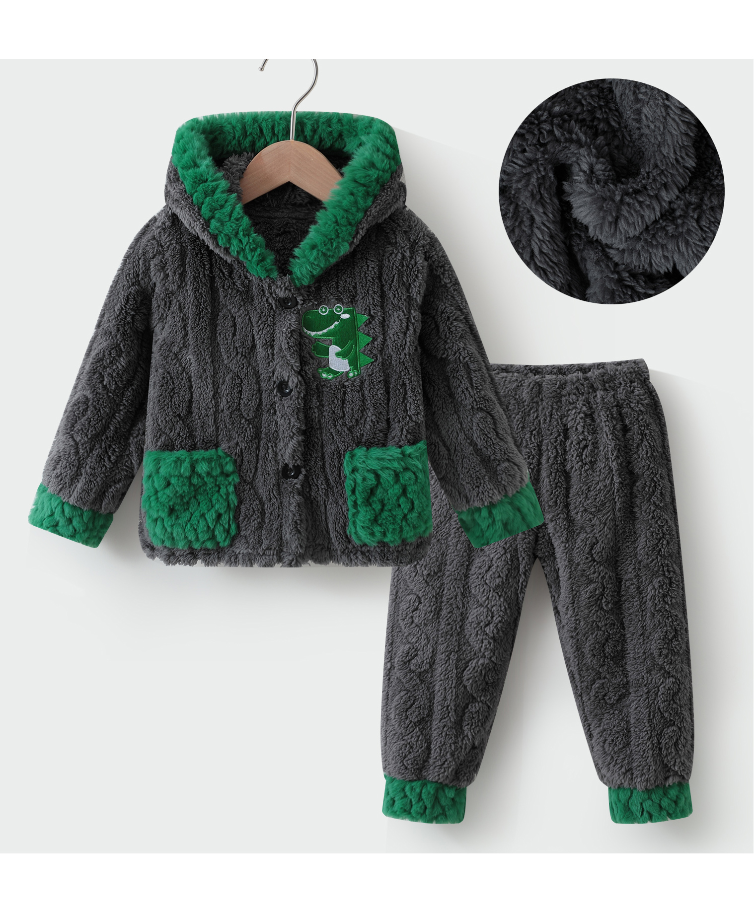 Kookie Kids Full Sleeves Hooded Front Open Winter Wear Set With Dino Applique - Charcoal Grey & Green-image-44
